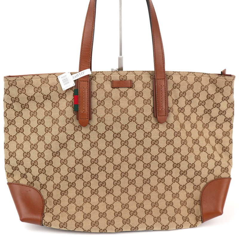 C2310 Gucci Tote Bag GG Canvas Web Tote Bag | Pre-Owned Very Good Brown GG Monogram Canvas