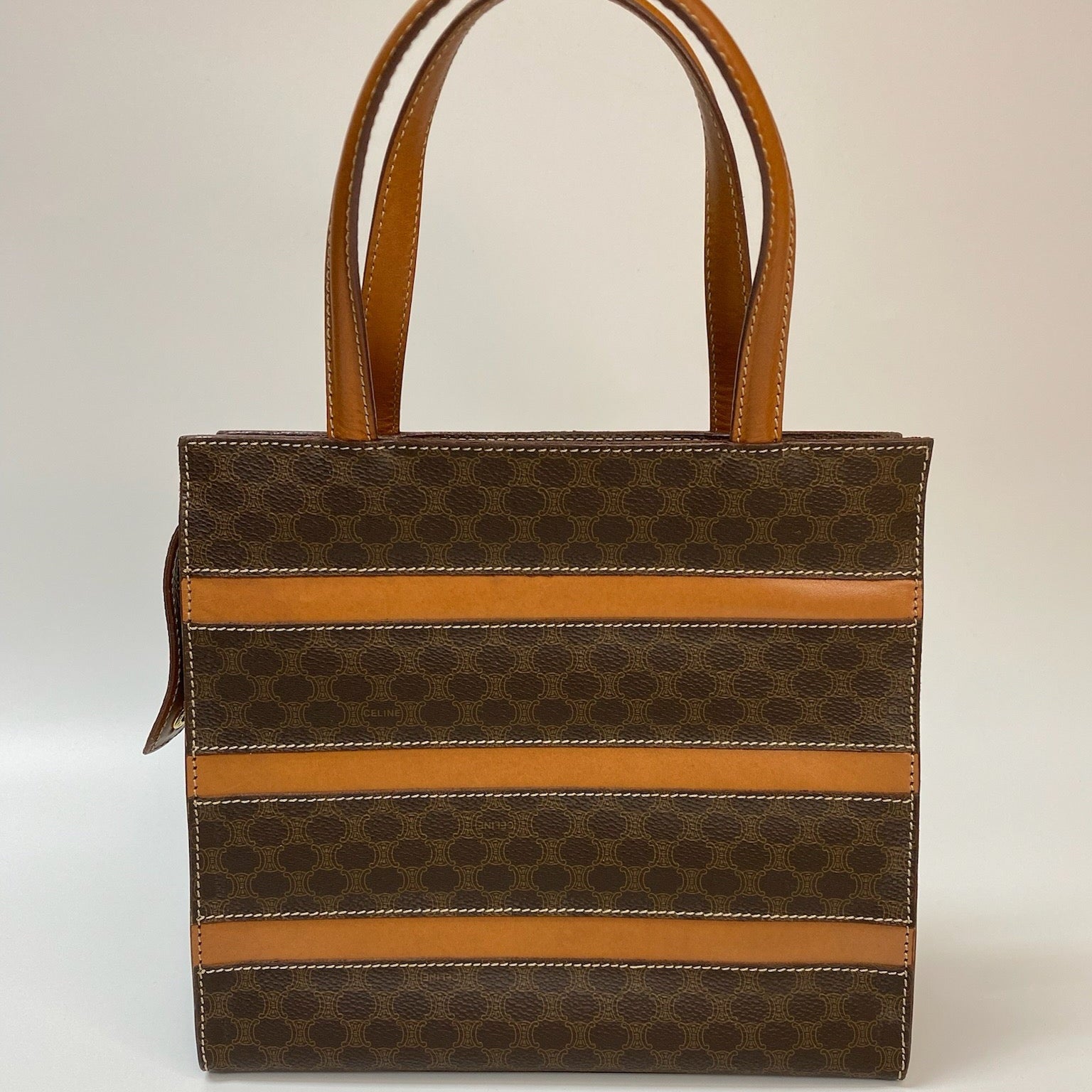 J2952 Celine Tote Bag Macadam Stripe Tote | Pre-Owned Brown Macadam Coated canvas, Leather trim