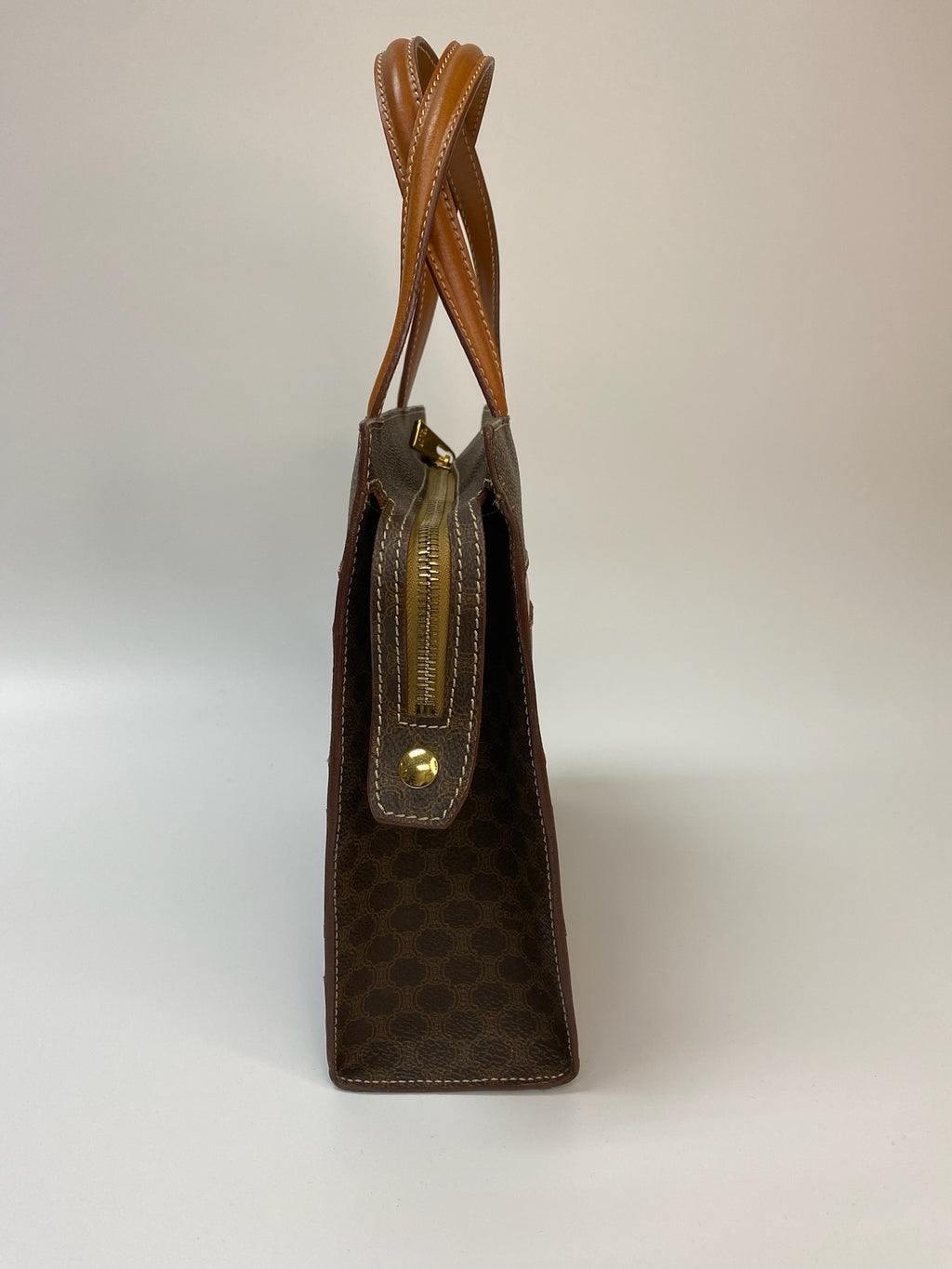 J2952# Celine Tote Bag Macadam Stripe Tote | Pre-Owned Brown Macadam Coated canvas, Leather trim