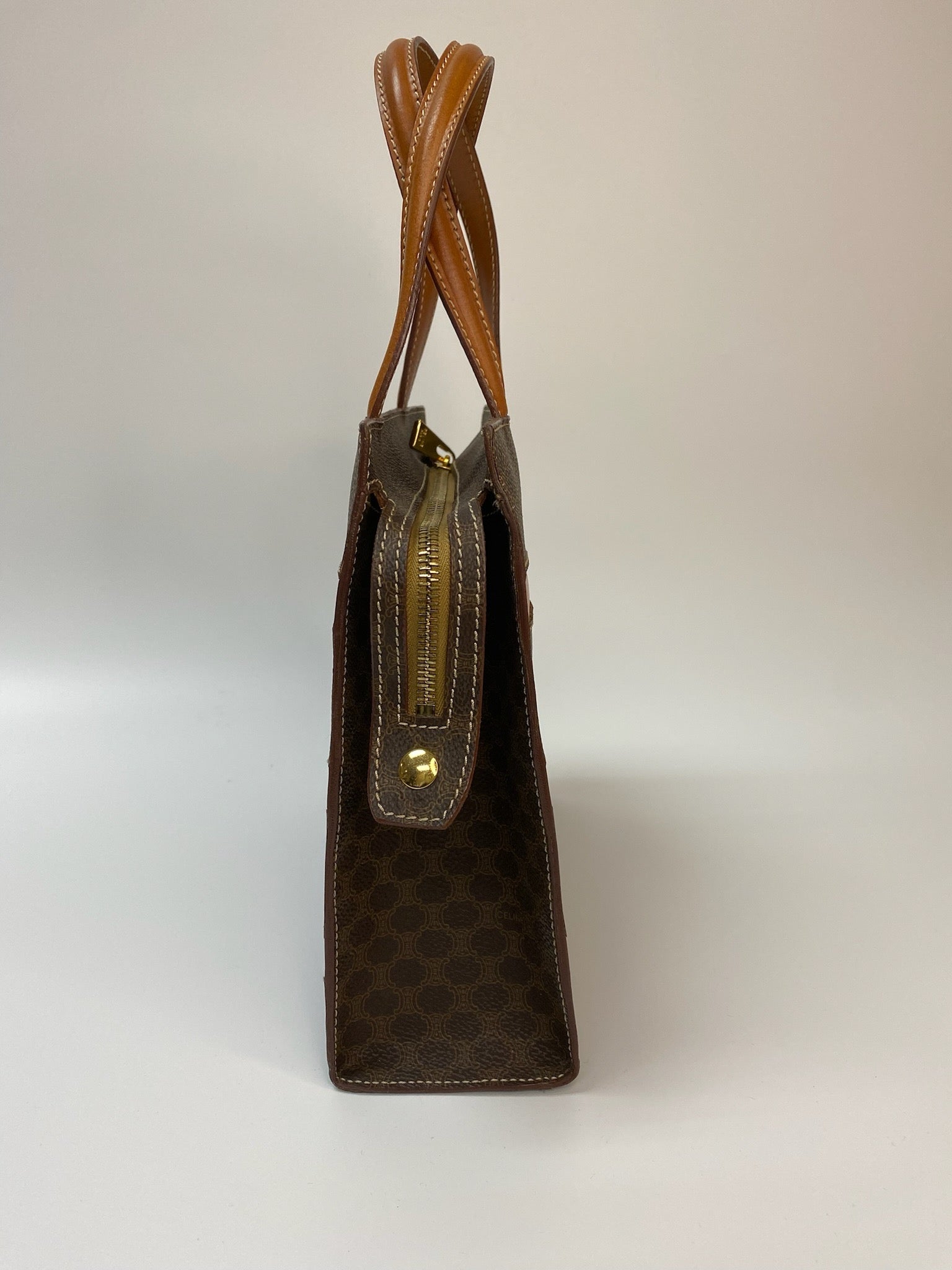 J2952 Celine Tote Bag Macadam Stripe Tote | Pre-Owned Brown Macadam Coated canvas, Leather trim