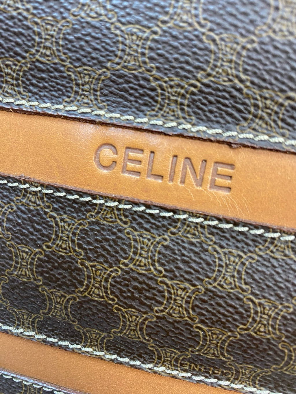 J2952# Celine Tote Bag Macadam Stripe Tote | Pre-Owned Brown Macadam Coated canvas, Leather trim