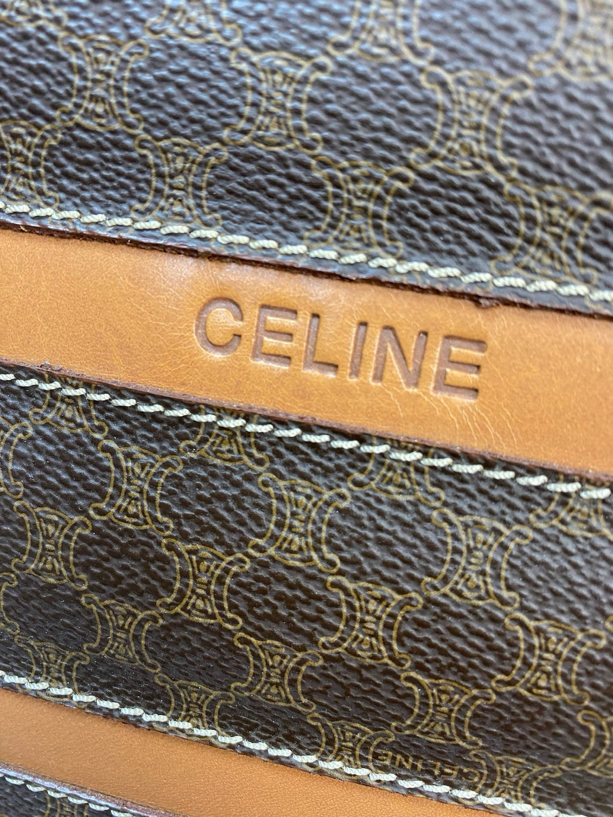 J2952# Celine Tote Bag Macadam Stripe Tote | Pre-Owned Brown Macadam Coated canvas, Leather trim