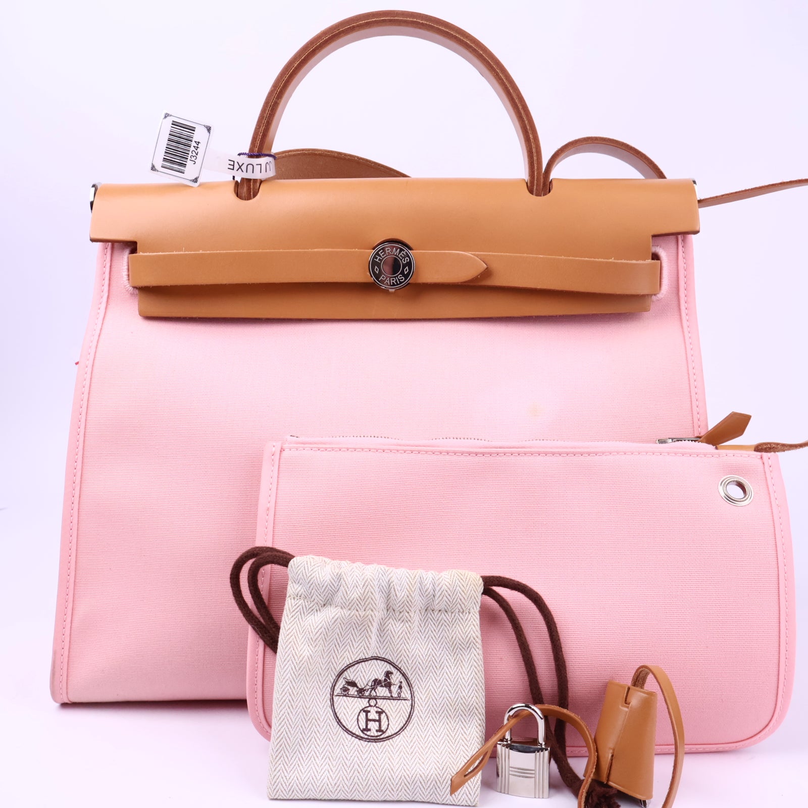 Hermes Herbag Zip Leather and Toile 31 Pink Shoulder Bag J3244 | Pre-Owned Like New Pink Leather