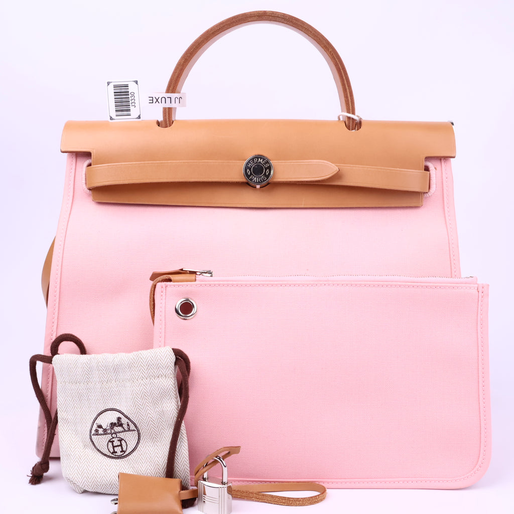 Hermes Herbag Zip Leather and Toile 31 Pink Shoulder Bag J3330 | Pre-Owned Like New Pink Leather