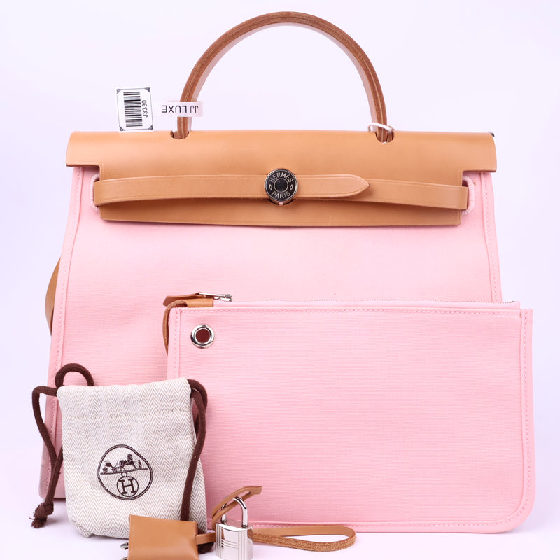 Hermes Herbag Zip Leather and Toile 31 Pink Shoulder Bag J3330 | Pre-Owned Like New Pink Leather