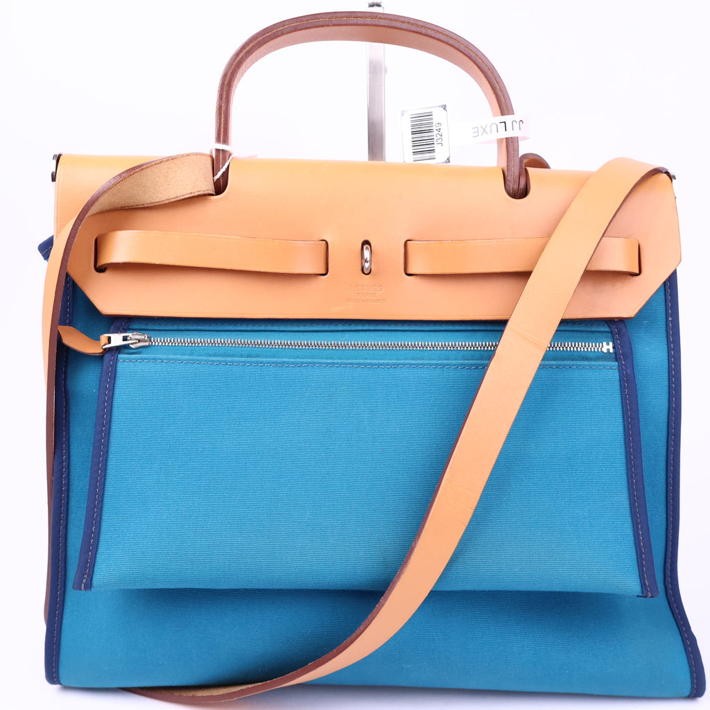Hermes Herbag Zip Leather and Toile 31 Blue Shoulder Bag J3249 | Pre-Owned Like New Blue Leather