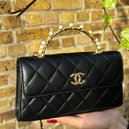 CHANEL LAMBSKIN QUILTED PEARL CRYSTAL TOP HANDLE PHONE HOLDER BAG