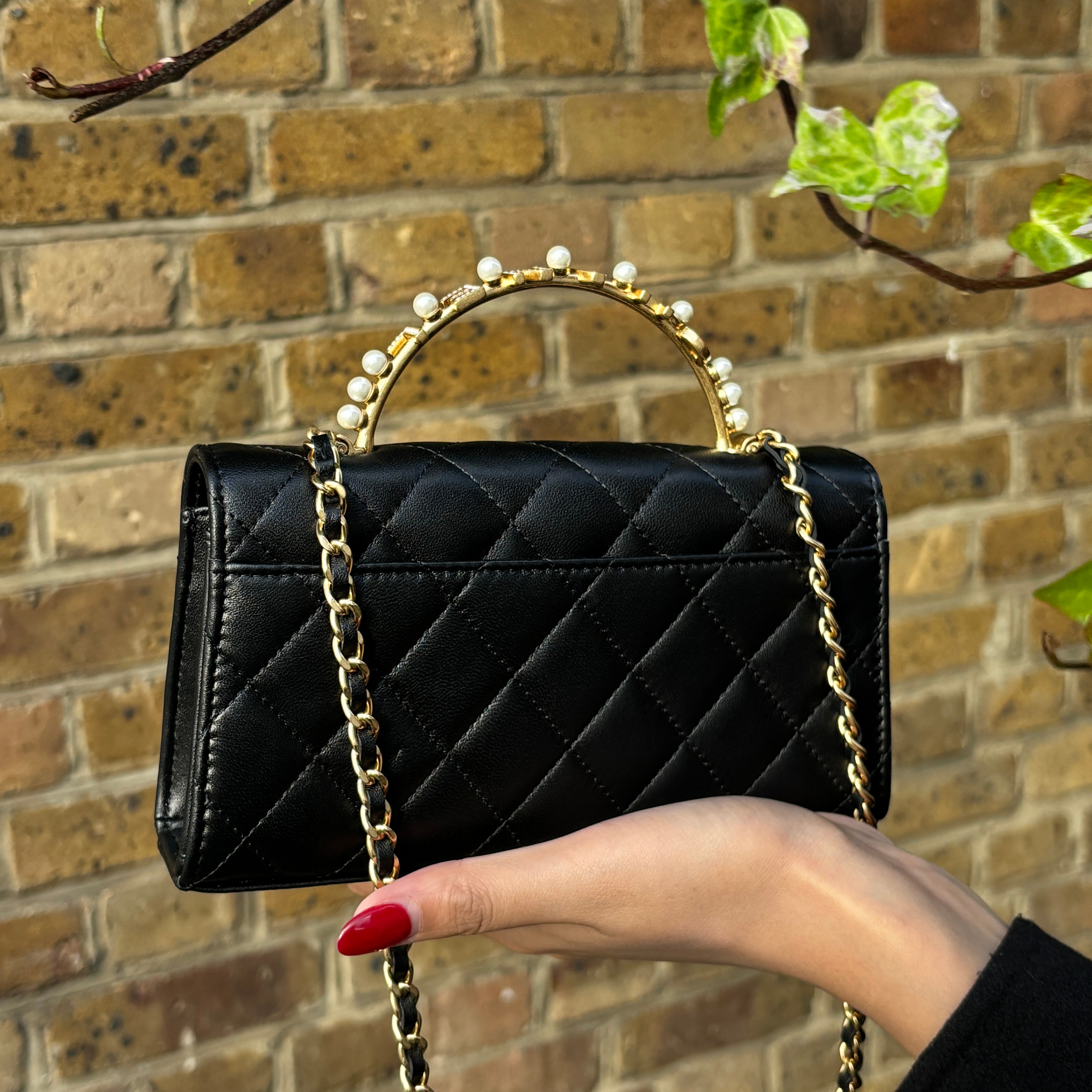 CHANEL LAMBSKIN QUILTED PEARL CRYSTAL TOP HANDLE PHONE HOLDER BAG