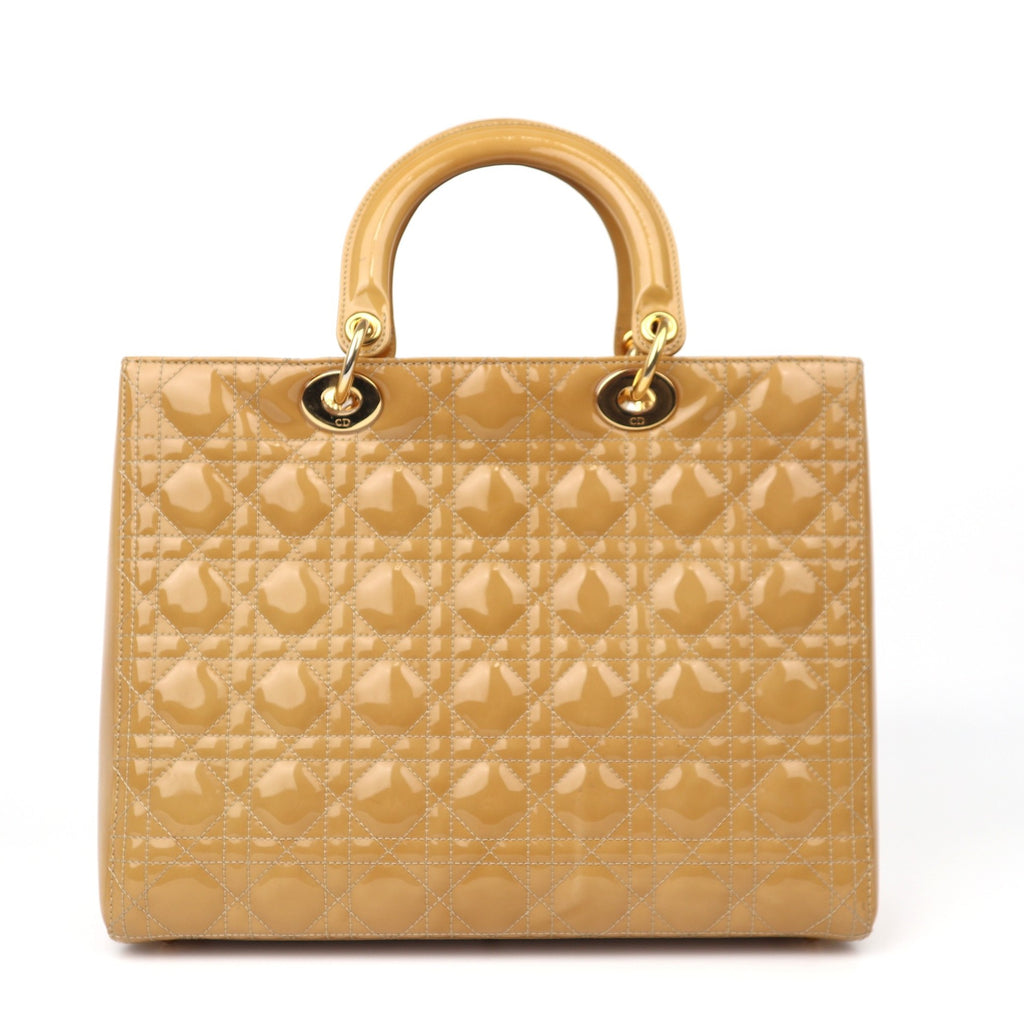 C2068# Christian Dior Beige Cannage Quilted Patent Leather Large Lady Dior Bag-Pre Owned