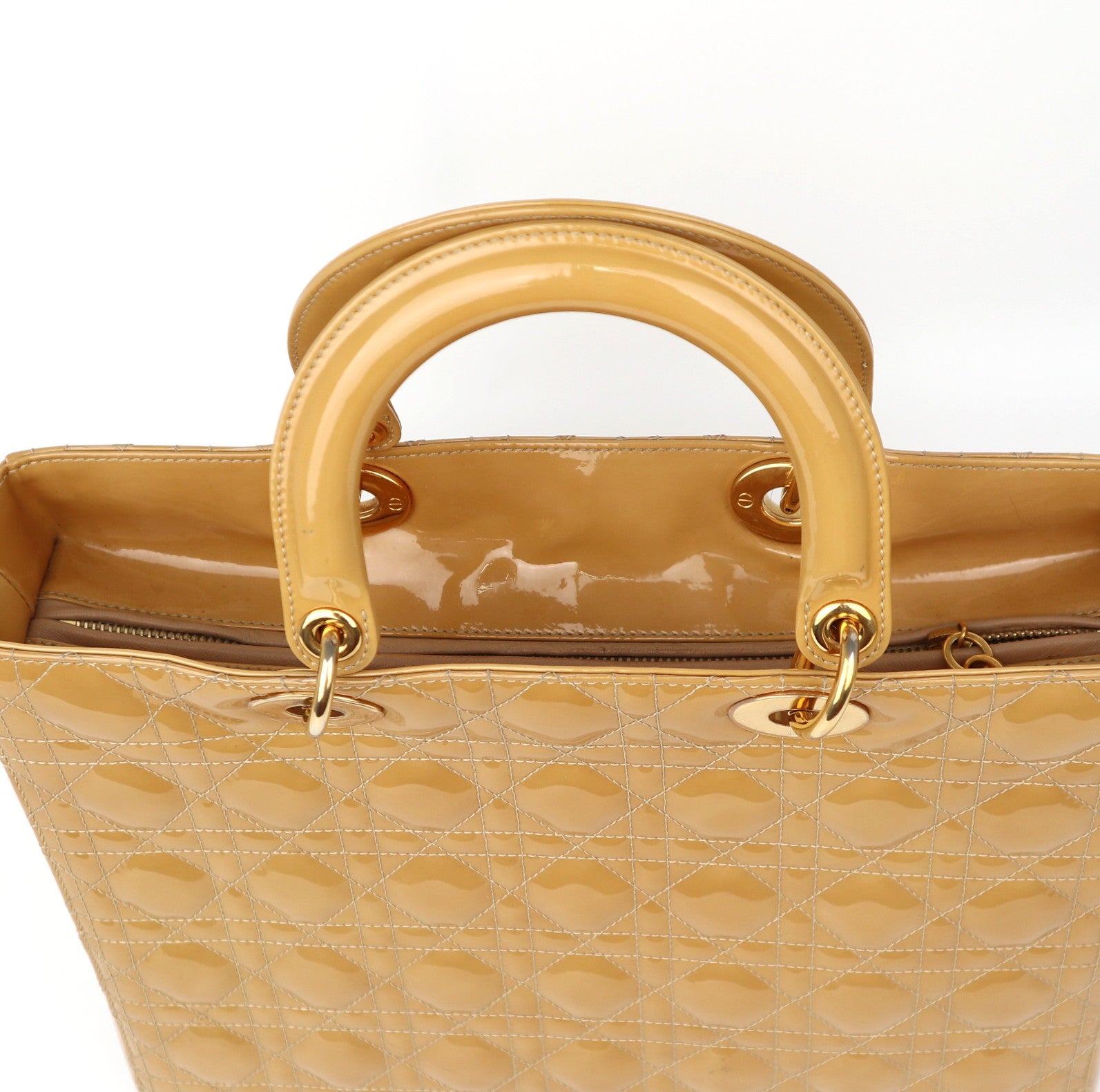 C2068# Christian Dior Beige Cannage Quilted Patent Leather Large Lady Dior Bag-Pre Owned
