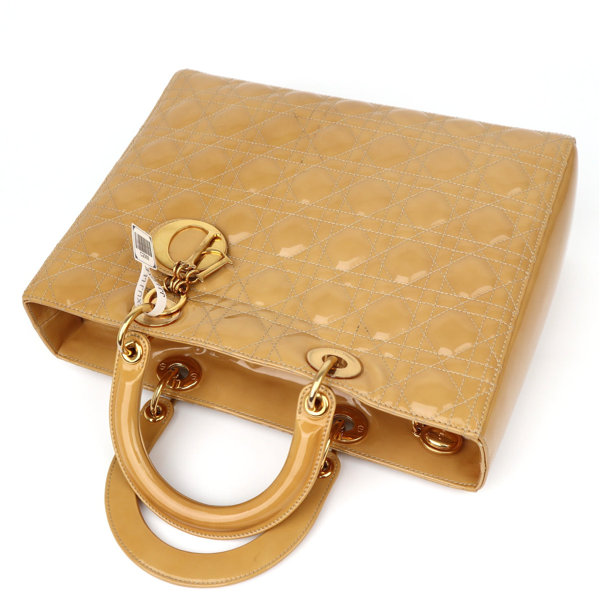 C2068# Christian Dior Beige Cannage Quilted Patent Leather Large Lady Dior Bag-Pre Owned