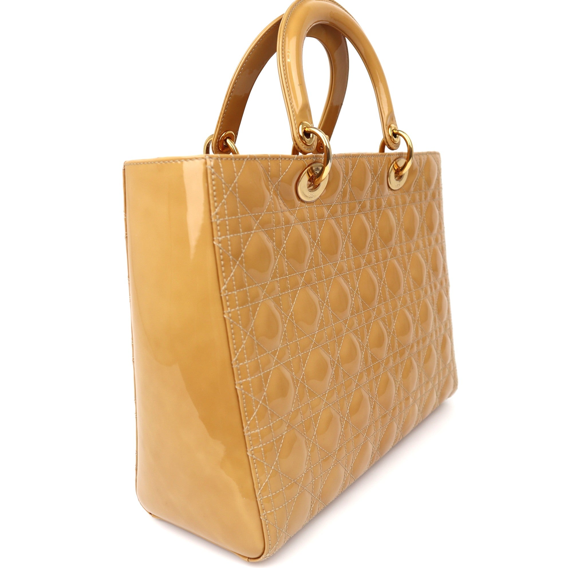 C2068# Christian Dior Beige Cannage Quilted Patent Leather Large Lady Dior Bag-Pre Owned