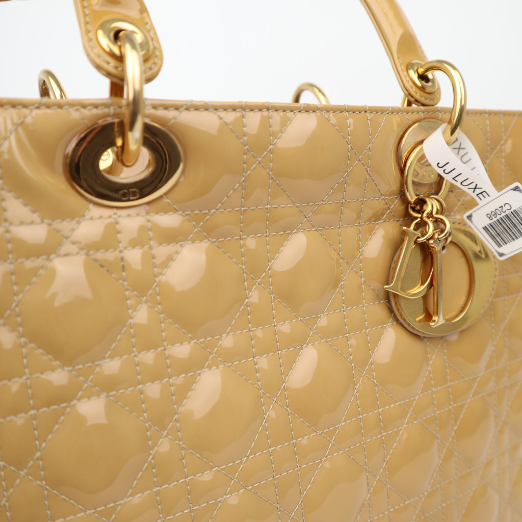 C2068# Christian Dior Beige Cannage Quilted Patent Leather Large Lady Dior Bag-Pre Owned