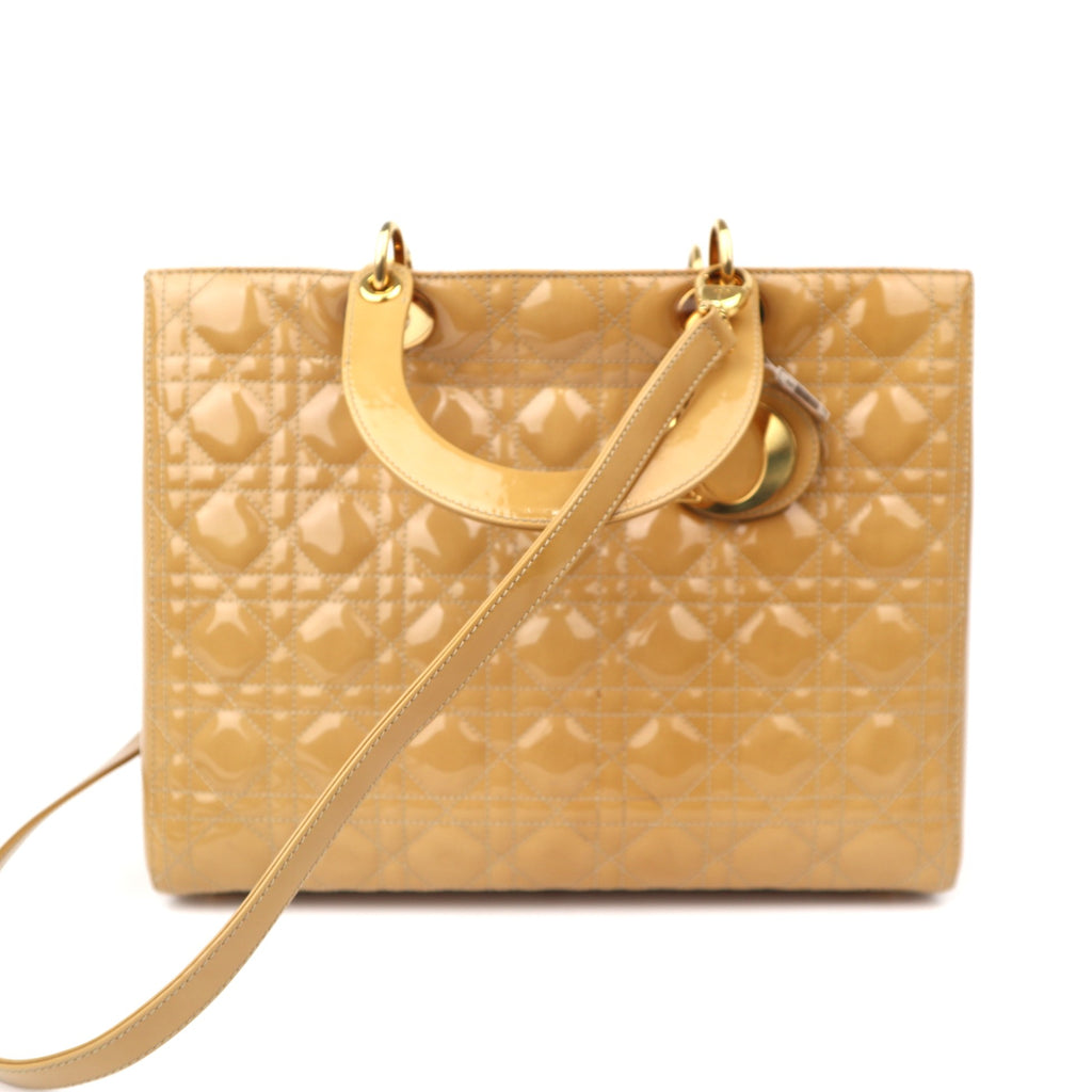 C2068# Christian Dior Beige Cannage Quilted Patent Leather Large Lady Dior Bag-Pre Owned