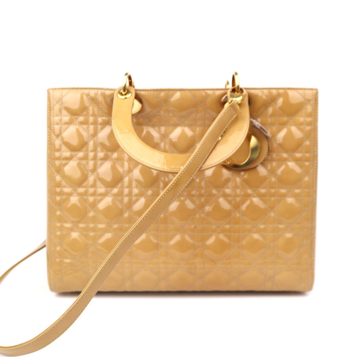 C2068# Christian Dior Beige Cannage Quilted Patent Leather Large Lady Dior Bag-Pre Owned