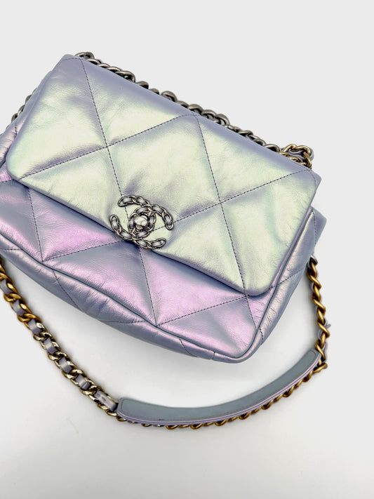 Chanel Iridescent Calfskin Quilted Medium Chanel 19 Flap Light Purple Blue