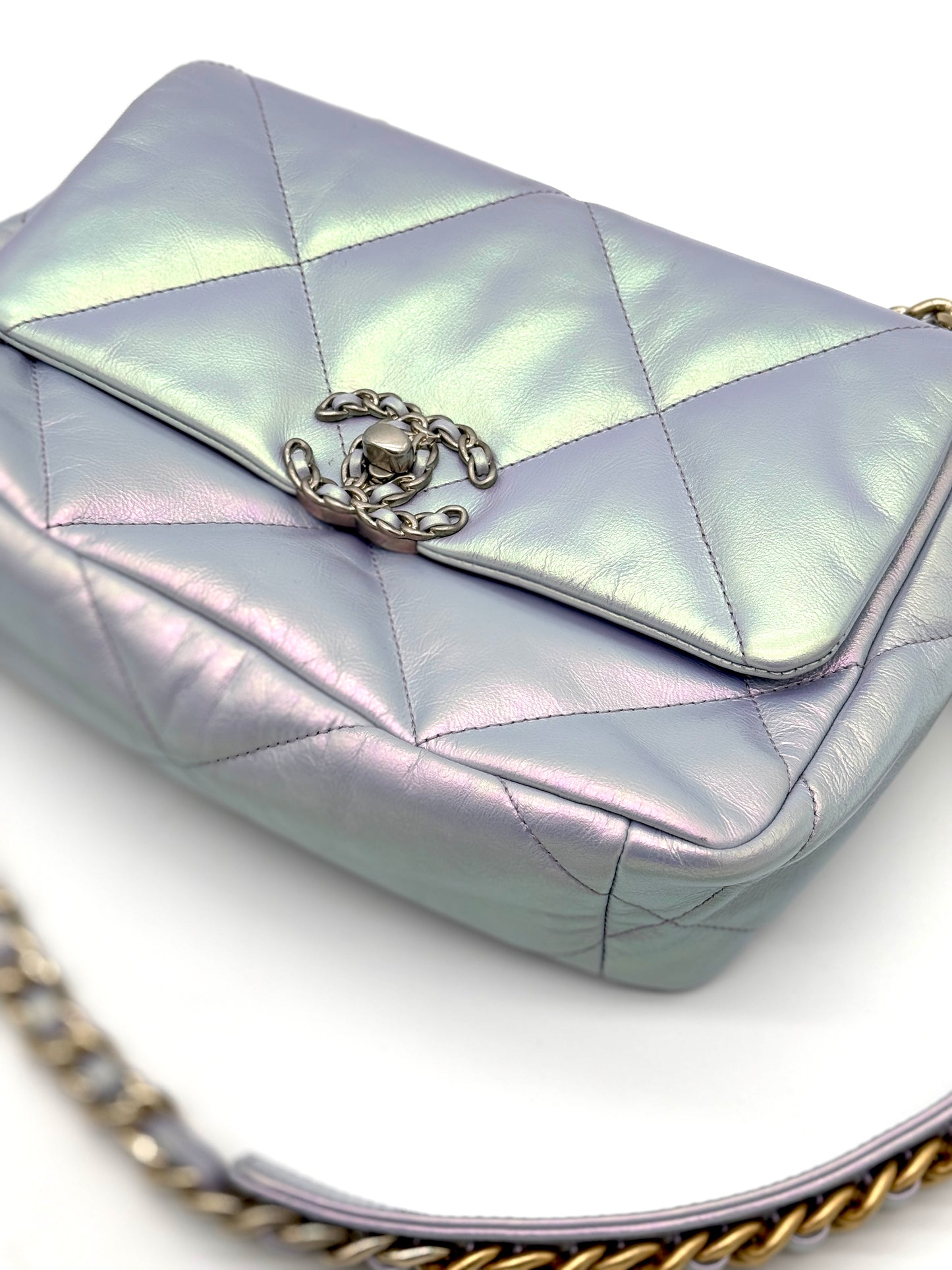 Chanel Iridescent Calfskin Quilted Medium Chanel 19 Flap Light Purple Blue