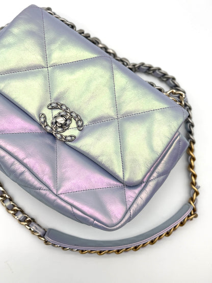 Chanel Iridescent Calfskin Quilted Medium Chanel 19 Flap Light Purple Blue