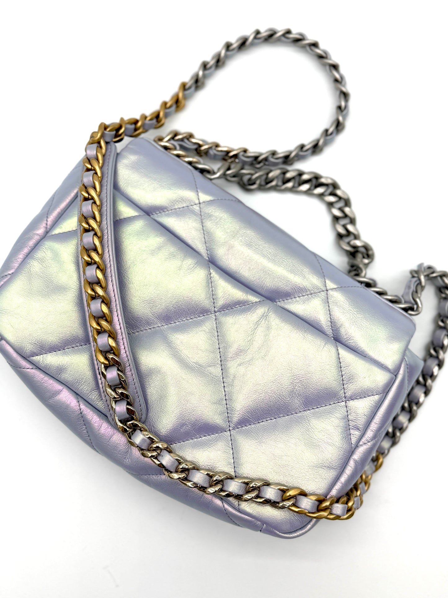 Chanel Iridescent Calfskin Quilted Medium Chanel 19 Flap Light Purple Blue