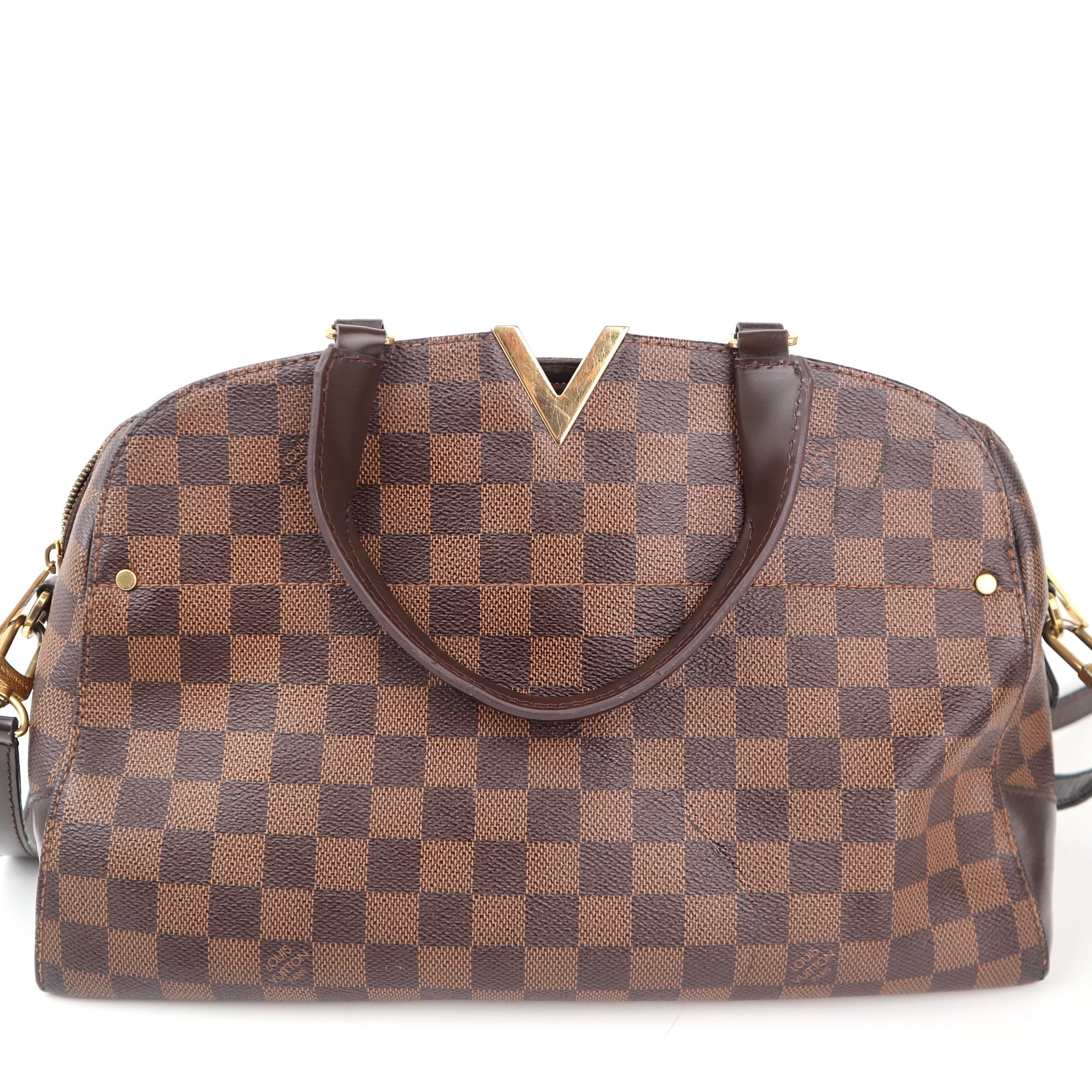 C2368 Louis Vuitton Top Handle Bag Damier Ebene Kensington Bowling Bag | Pre-Owned Very Good Brown Canvas Damier Ebene