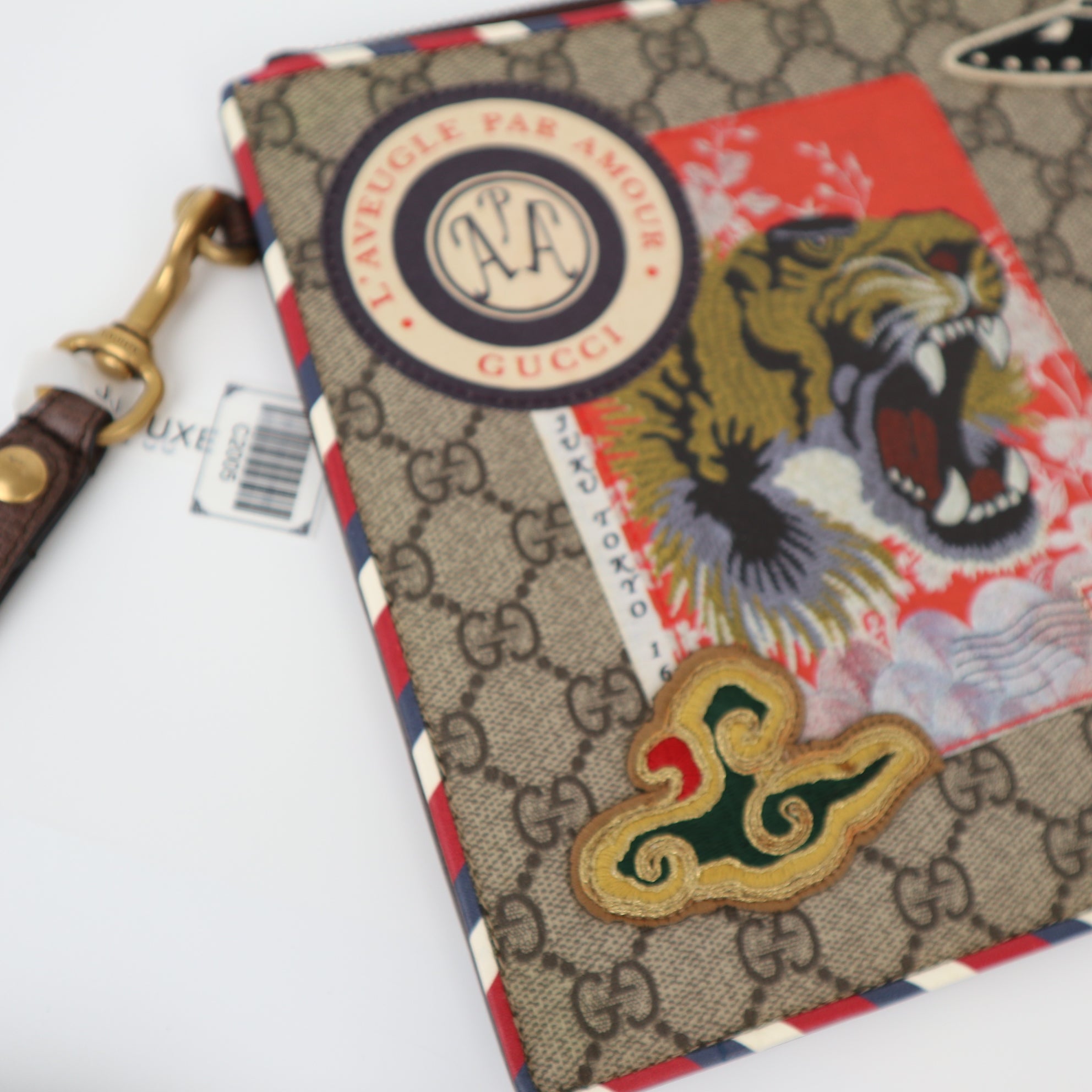 C2005 Gucci GG Supreme Monogram Courrier Embroidered UFO Pouch Beige New Acero-Pre Owned