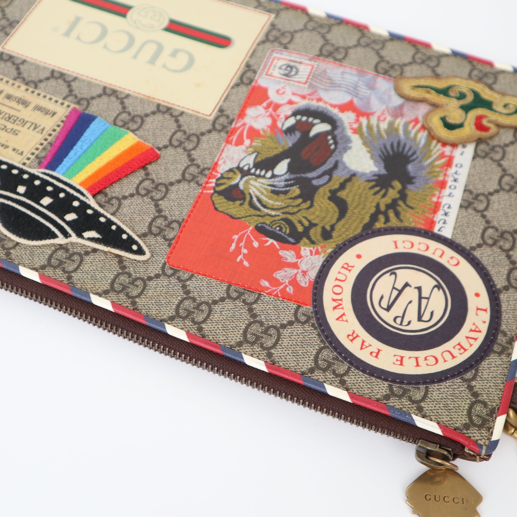 C2005 Gucci GG Supreme Monogram Courrier Embroidered UFO Pouch Beige New Acero-Pre Owned
