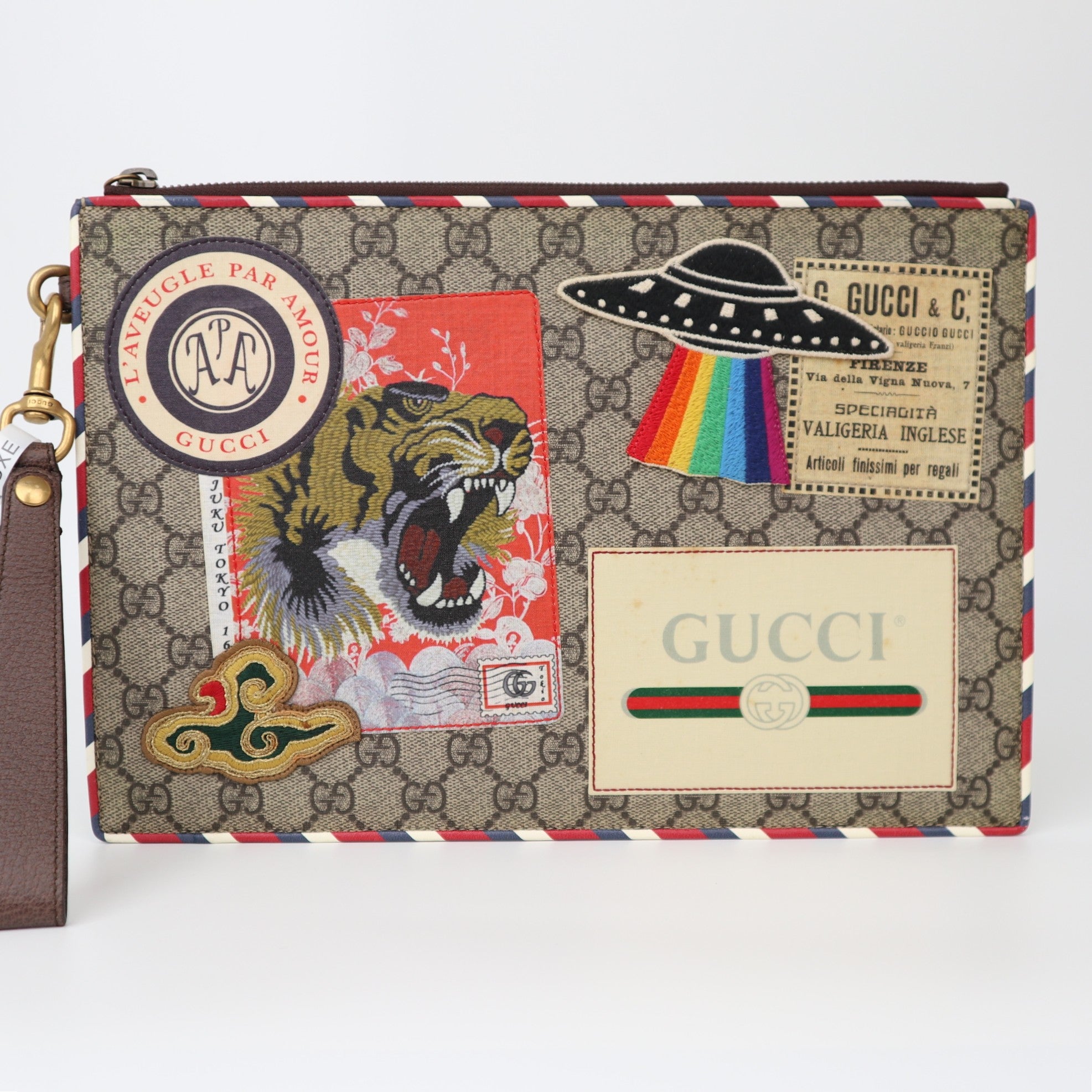 C2005 Gucci GG Supreme Monogram Courrier Embroidered UFO Pouch Beige New Acero-Pre Owned