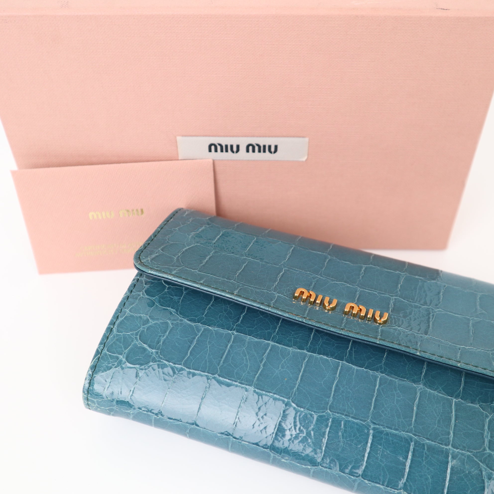 C2015 Miu Miu St Coco Lux Croc Embossed Kiss Lock Wallet in Ottanio-Pre Owned