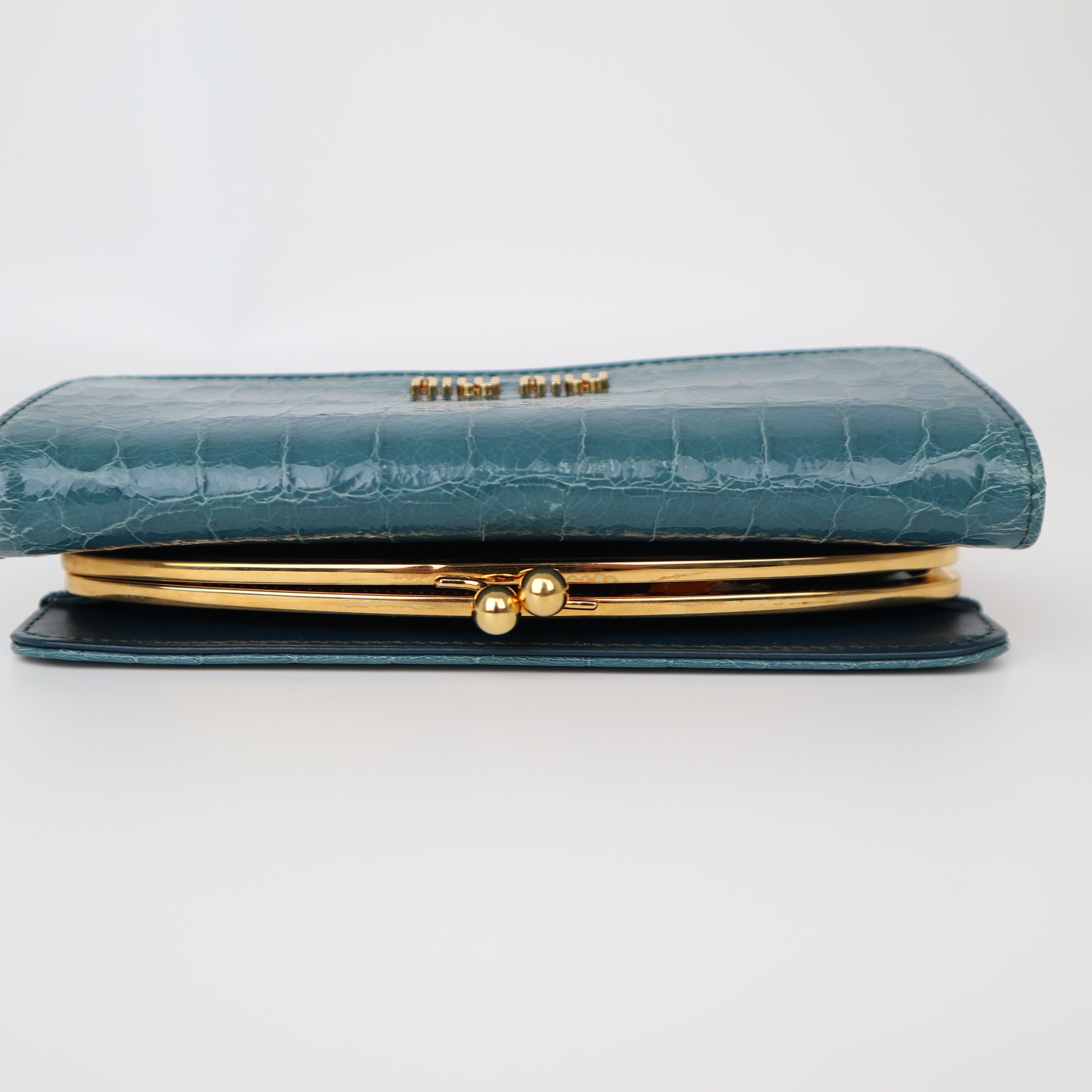 C2015 Miu Miu St Coco Lux Croc Embossed Kiss Lock Wallet in Ottanio-Pre Owned