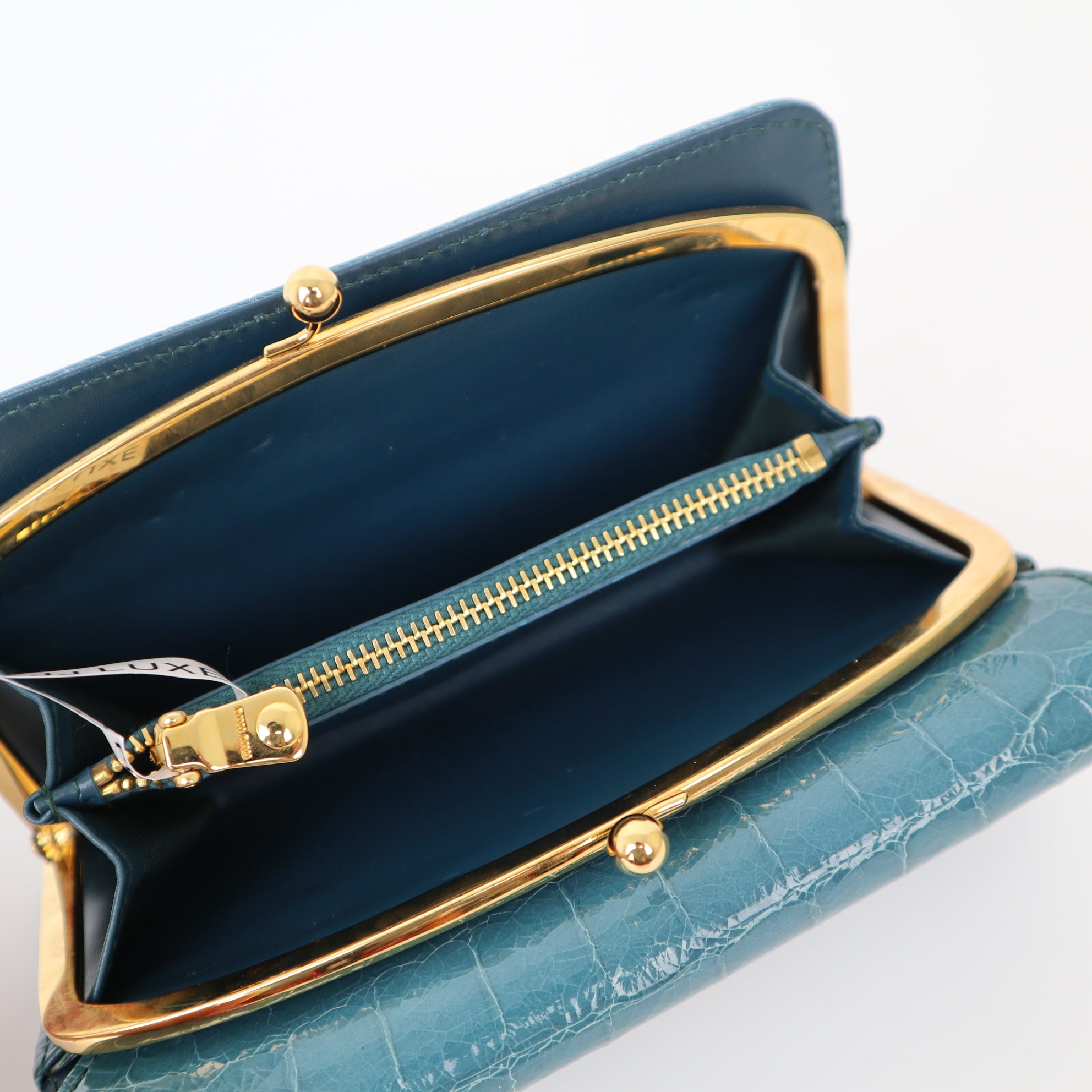 C2015 Miu Miu St Coco Lux Croc Embossed Kiss Lock Wallet in Ottanio-Pre Owned