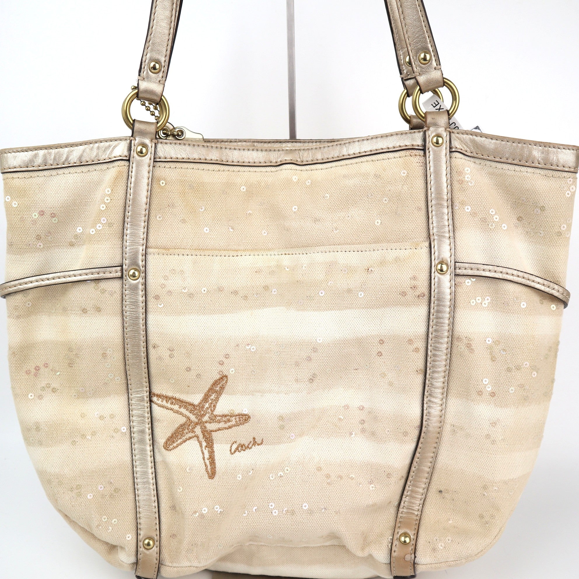 C2403# Coach Tote Bag Sun And Starfish Gold | Pre-Owned Very Good Gold