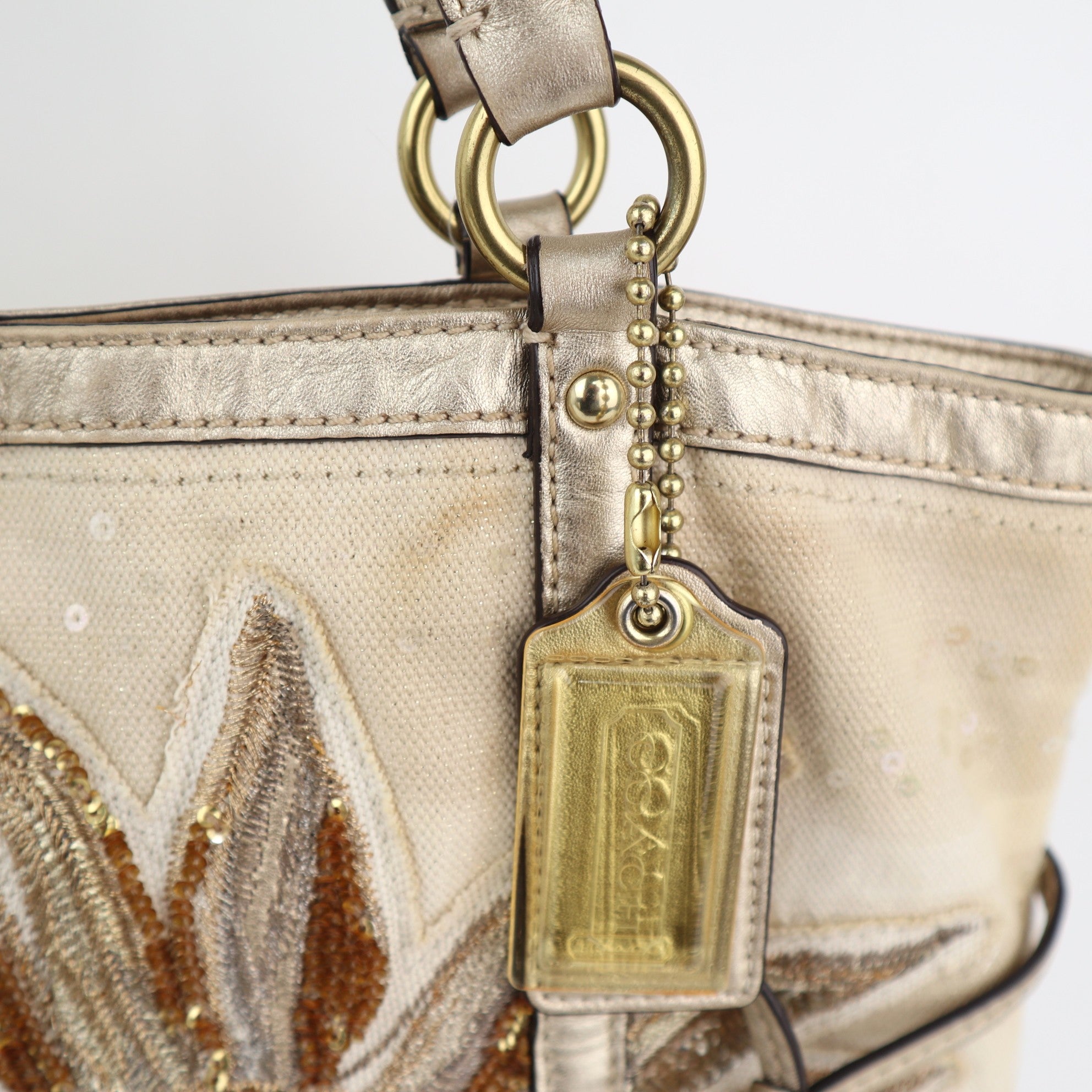 C2403# Coach Tote Bag Sun And Starfish Gold | Pre-Owned Very Good Gold