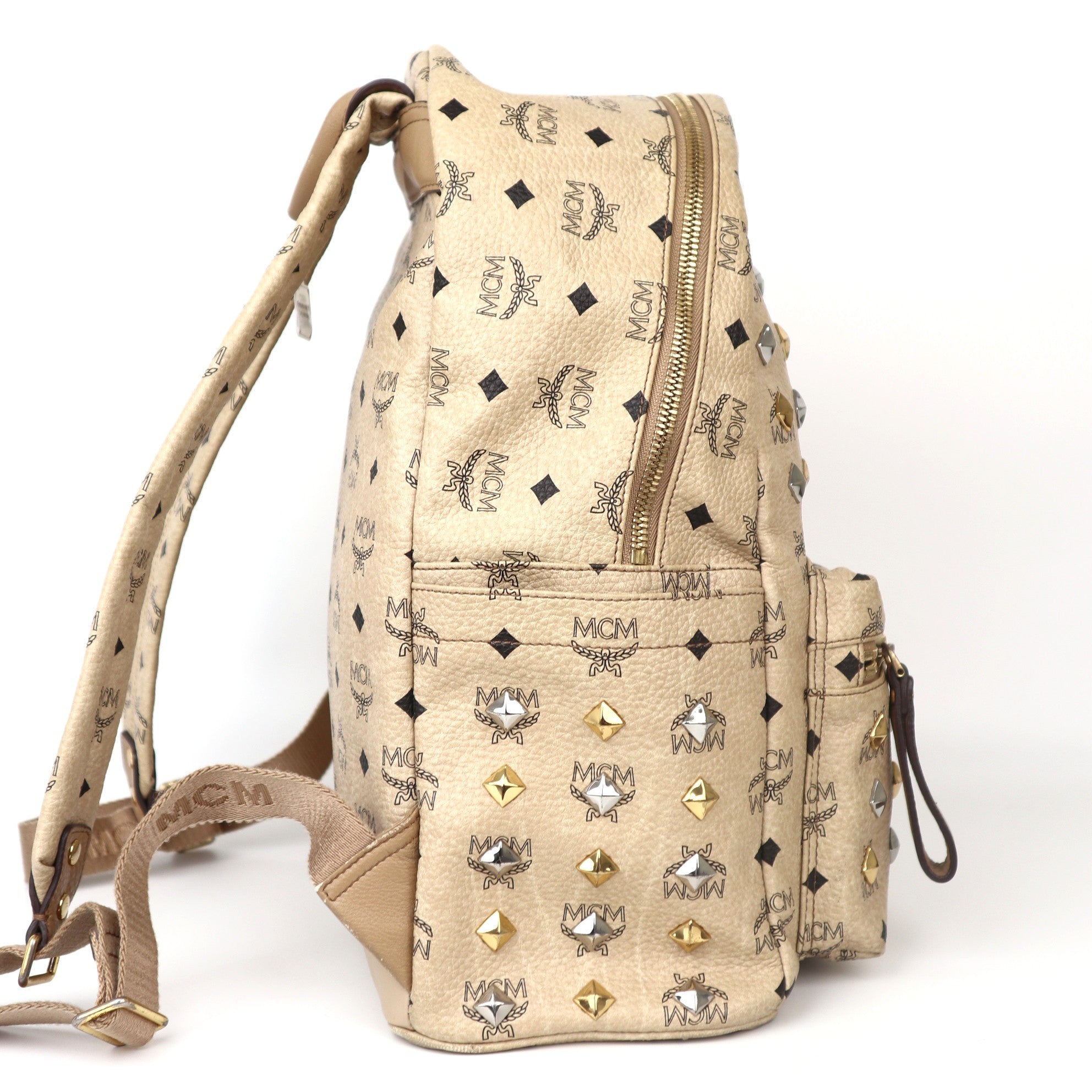 C2051 MCM Beige Visetos Coated Canvas and Leather Stark Side Studs Backpack-Pre Owned