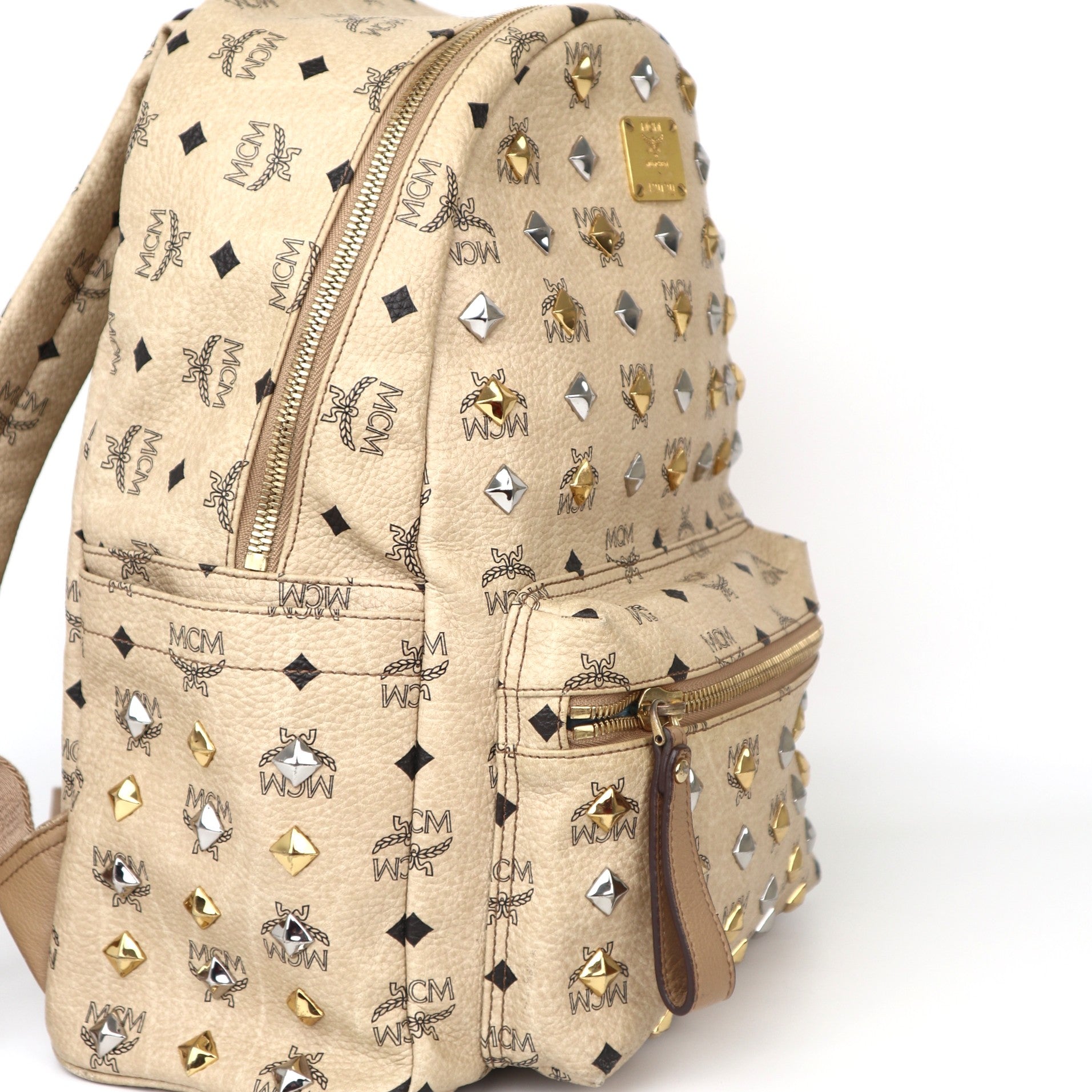 C2051 MCM Beige Visetos Coated Canvas and Leather Stark Side Studs Backpack-Pre Owned