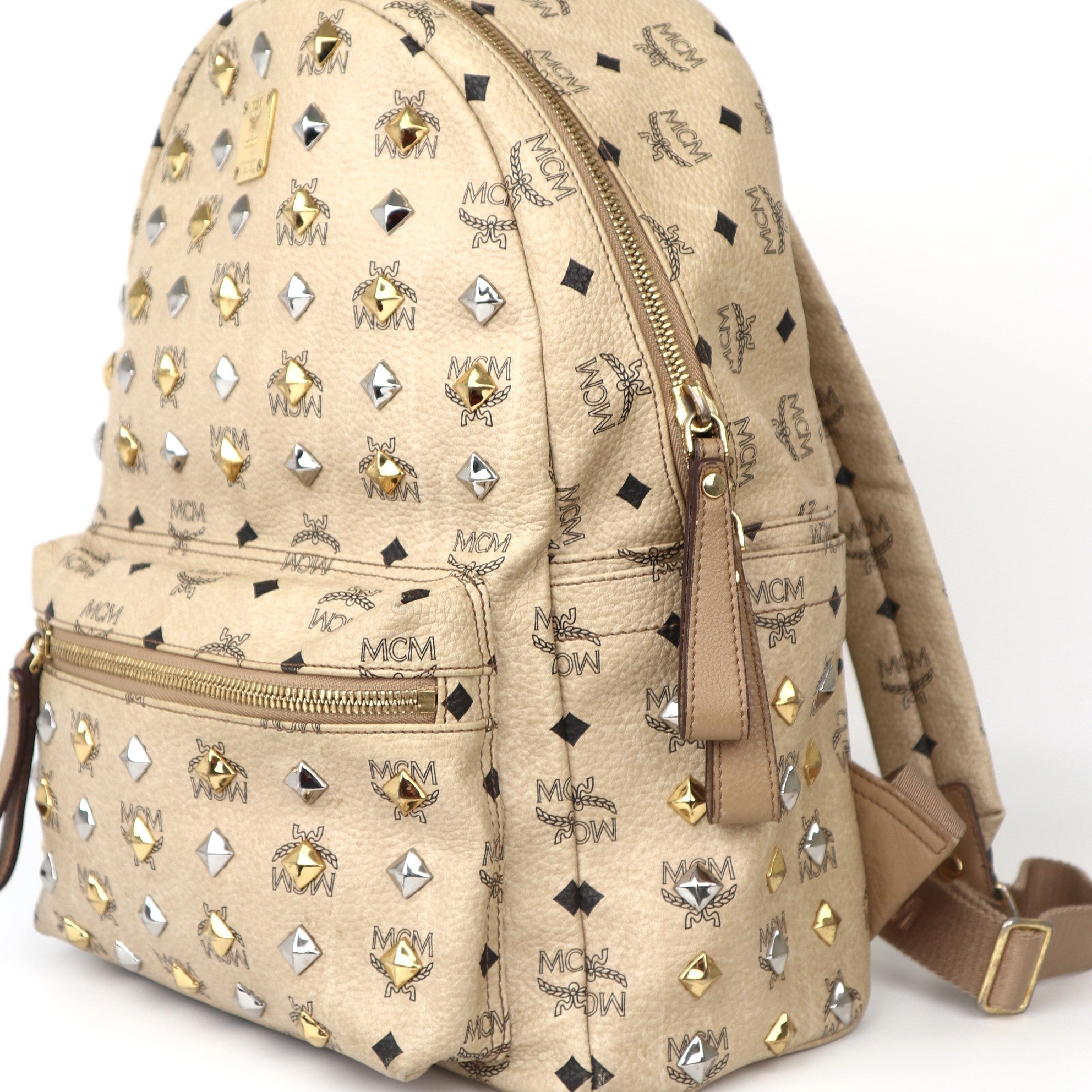 C2051 MCM Beige Visetos Coated Canvas and Leather Stark Side Studs Backpack-Pre Owned