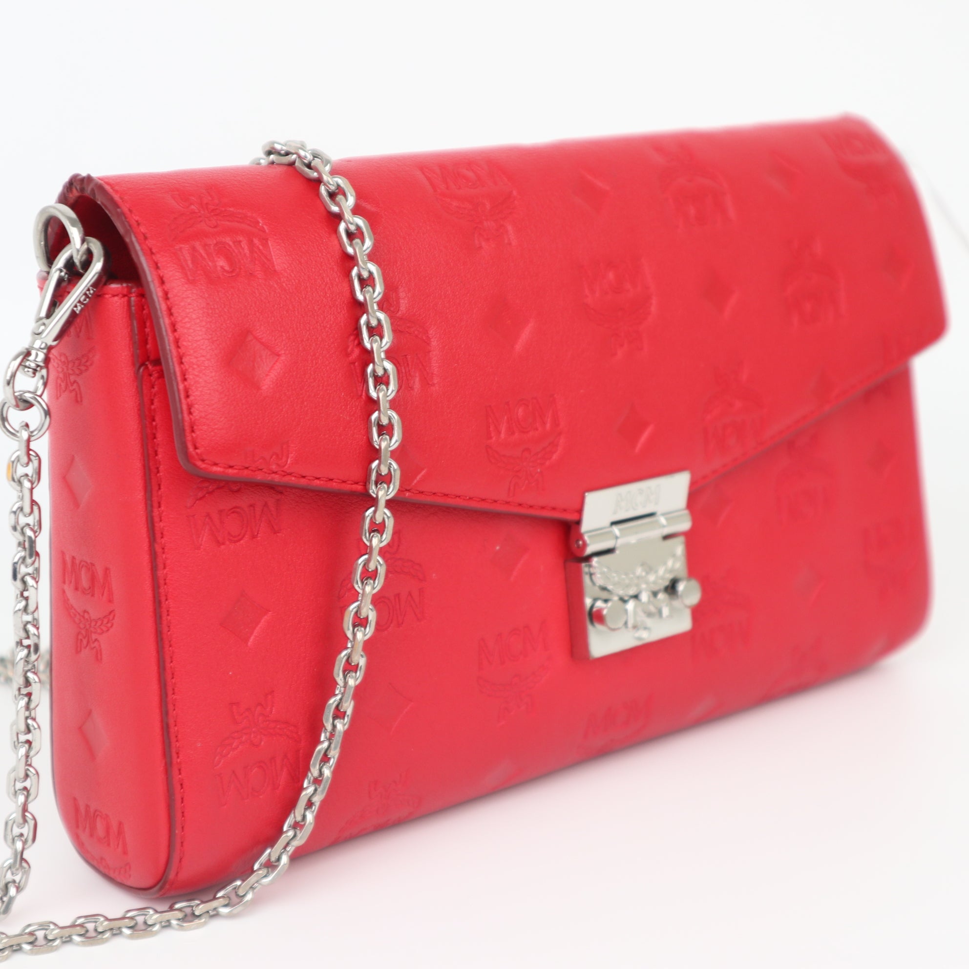 C2044 MCM Tracy Monogram Leather Chain Crossbody Wallet Red-Pre Owned