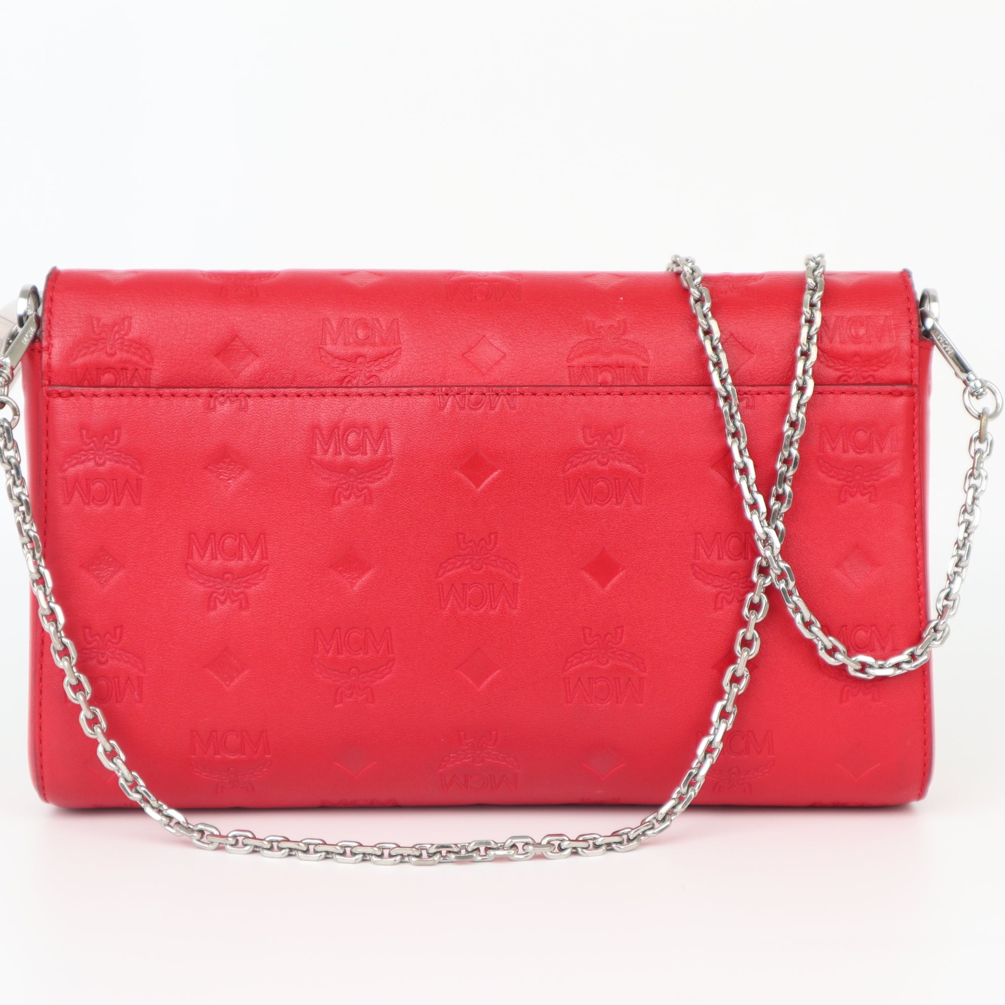 C2044 MCM Tracy Monogram Leather Chain Crossbody Wallet Red-Pre Owned
