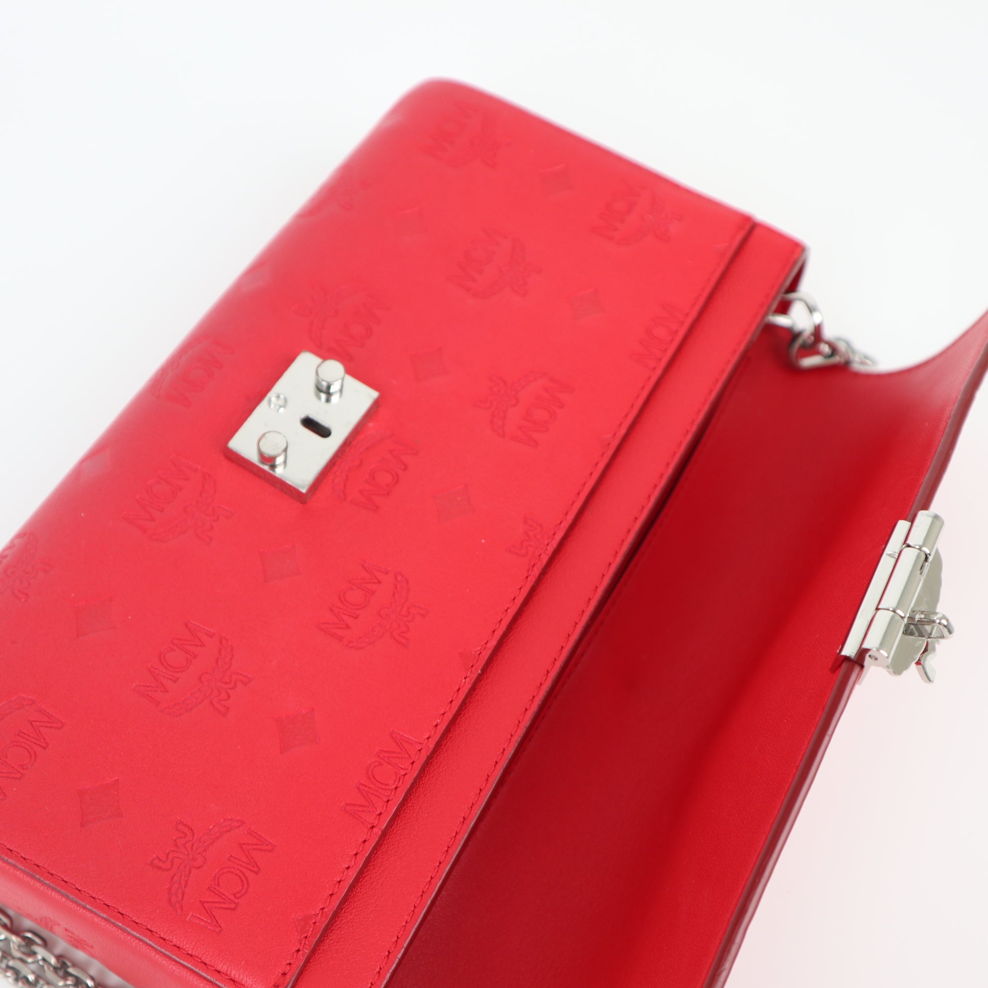 C2044 MCM Tracy Monogram Leather Chain Crossbody Wallet Red-Pre Owned