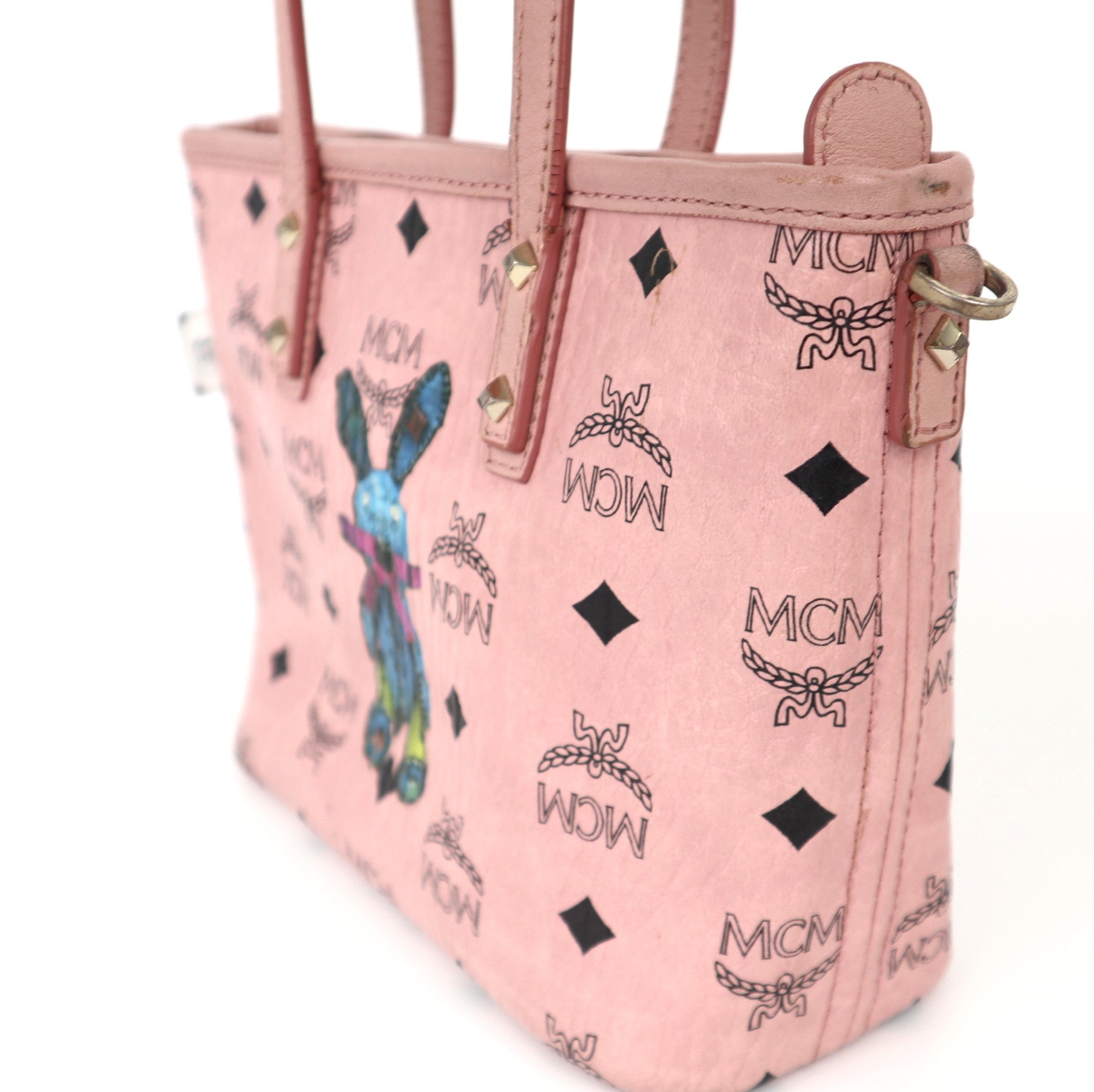 C2045 MCM Mini Rabbit Top Zip Shopper in Visetos Soft Pink-Pre Owned