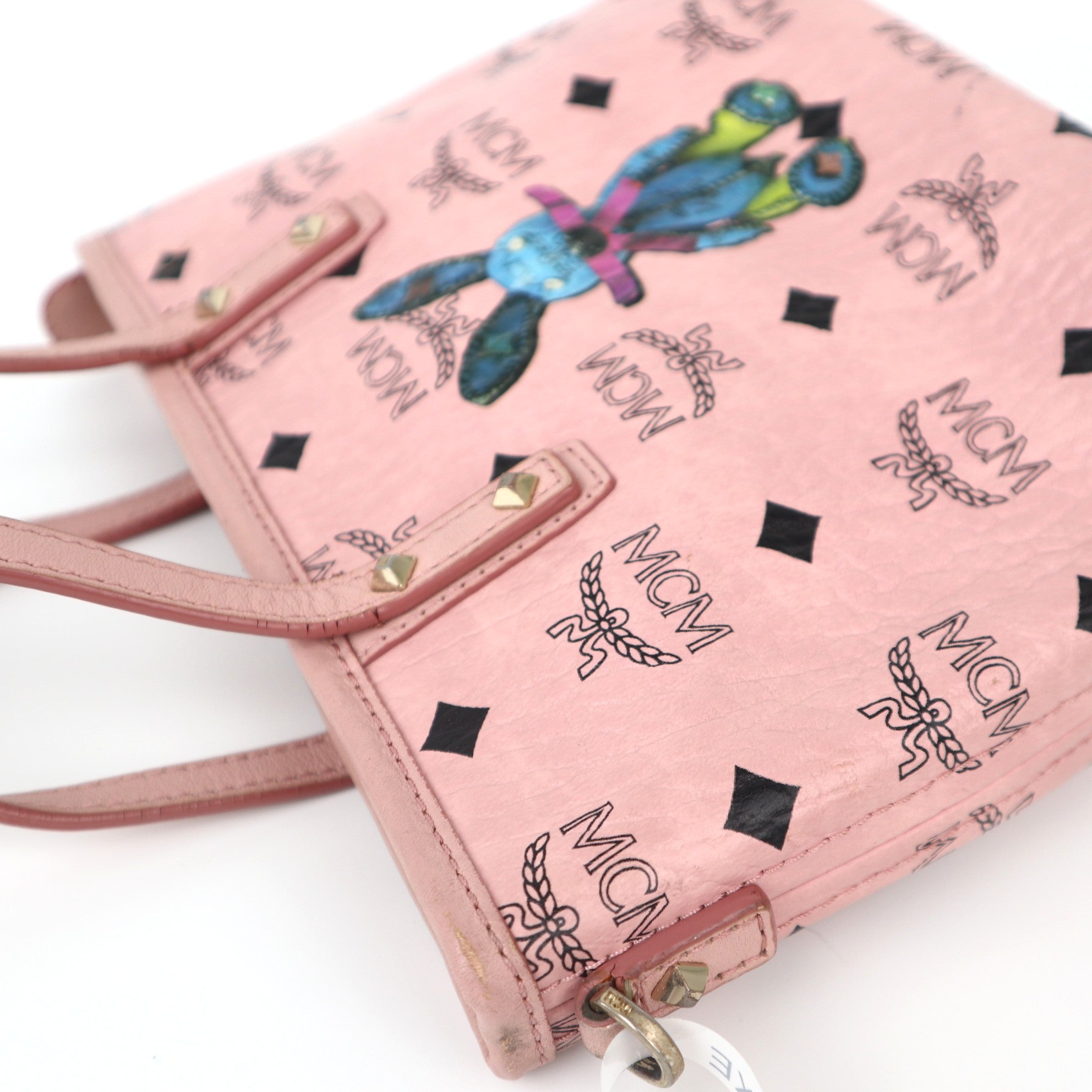 C2045 MCM Mini Rabbit Top Zip Shopper in Visetos Soft Pink-Pre Owned