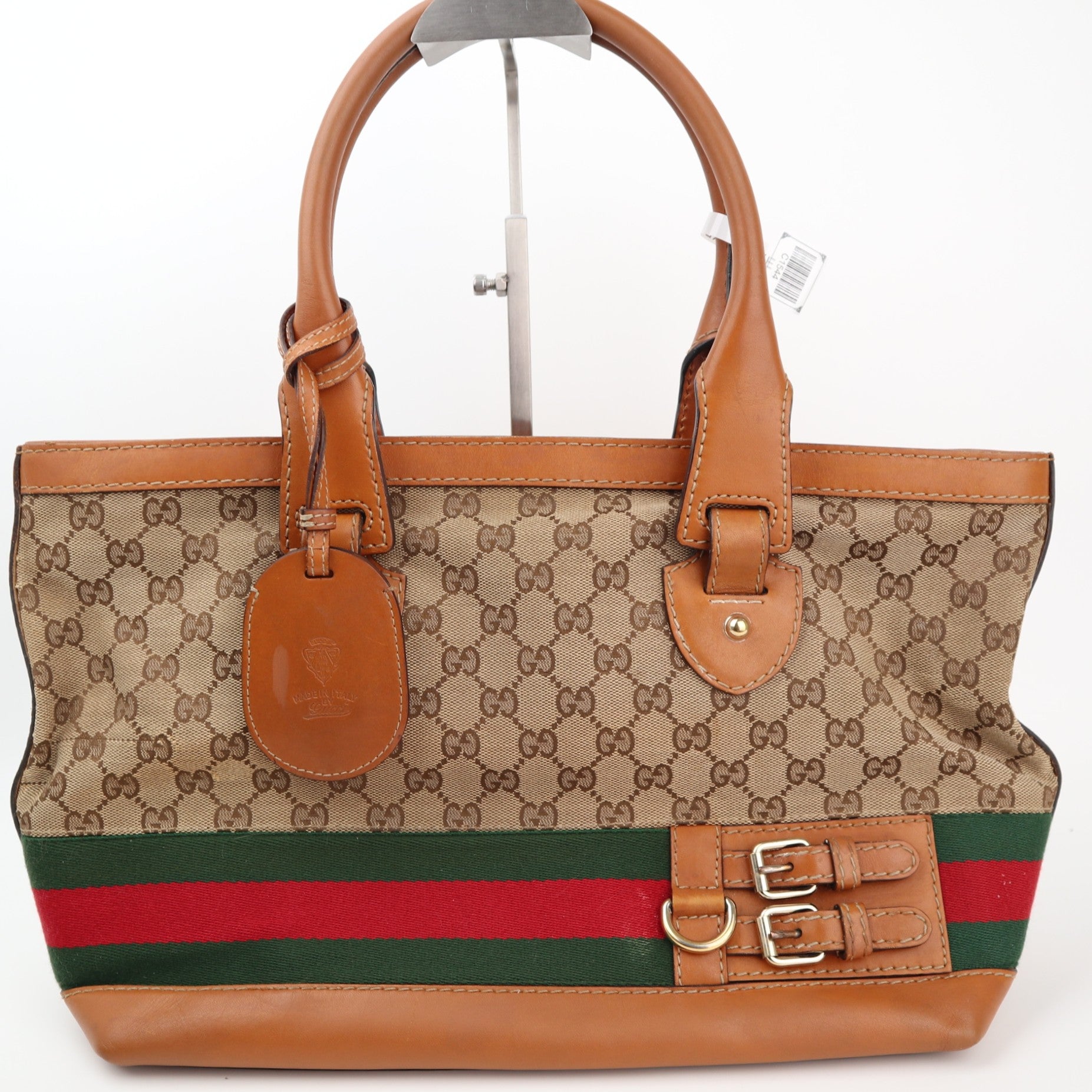 Gucci Monogram Beige/Tan GG Canvas And Leather Heritage Web Tote Shoulder Bag C1544 | Pre-Owned Very Good Beige / Tan Monogram Canvas, Leather