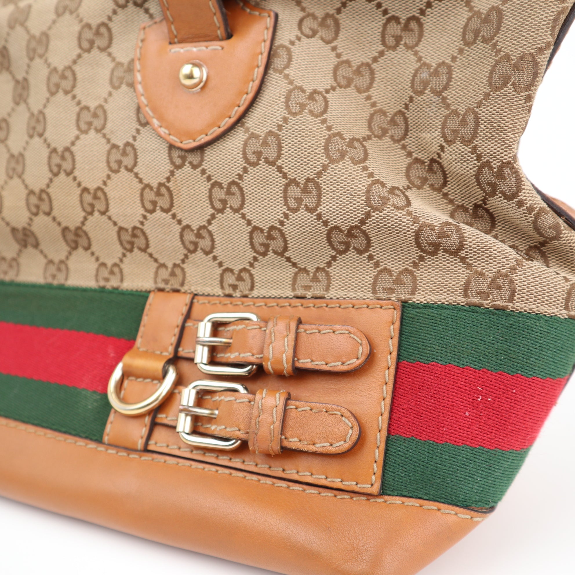 Gucci Monogram Beige/Tan GG Canvas And Leather Heritage Web Tote Shoulder Bag C1544 | Pre-Owned Very Good Beige / Tan Monogram Canvas, Leather