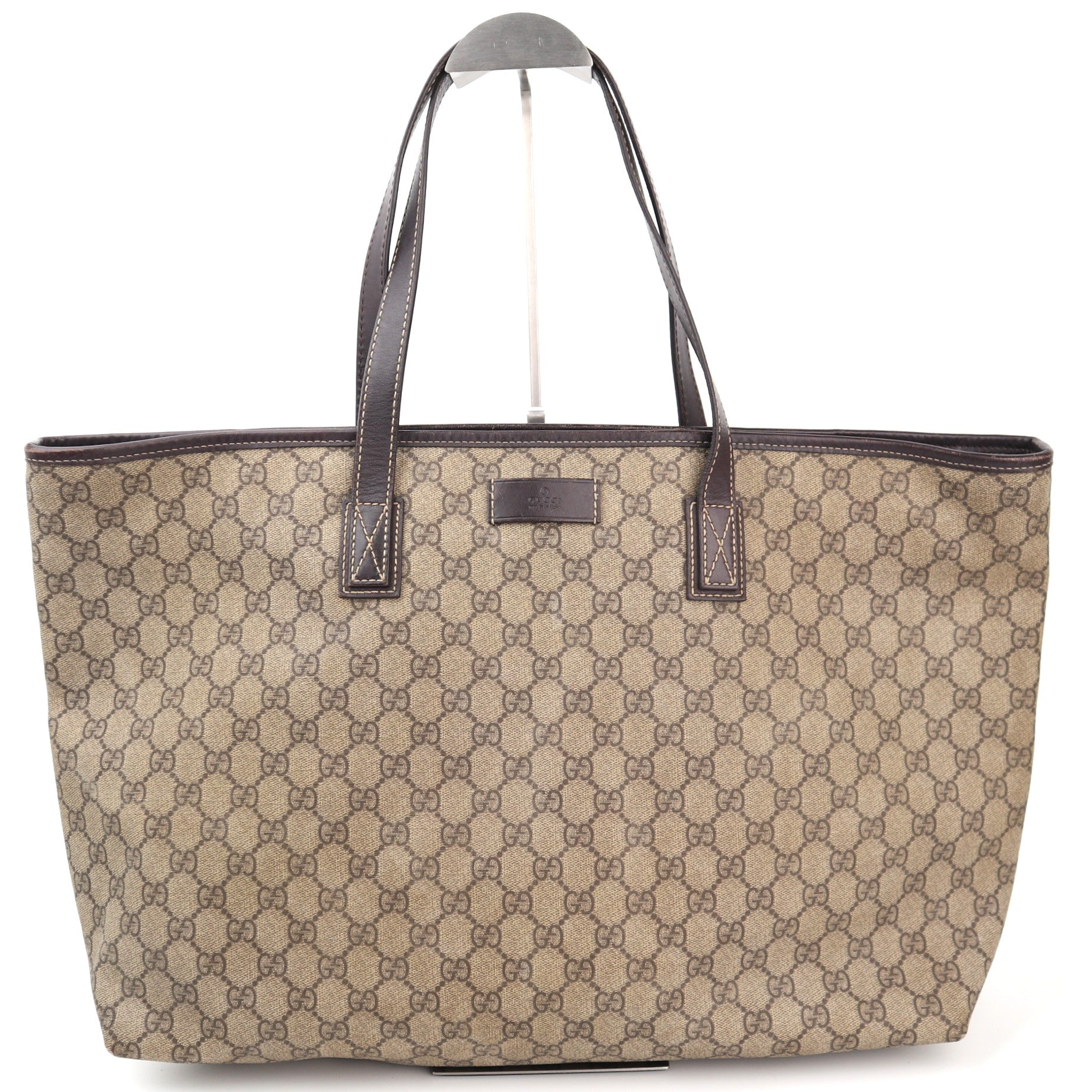 Gucci GG Supreme Monogram Medium Zippered Shopping Tote Brown Tote Bag C1547 | Pre-Owned Very Good Brown / Red Monogram Canvas