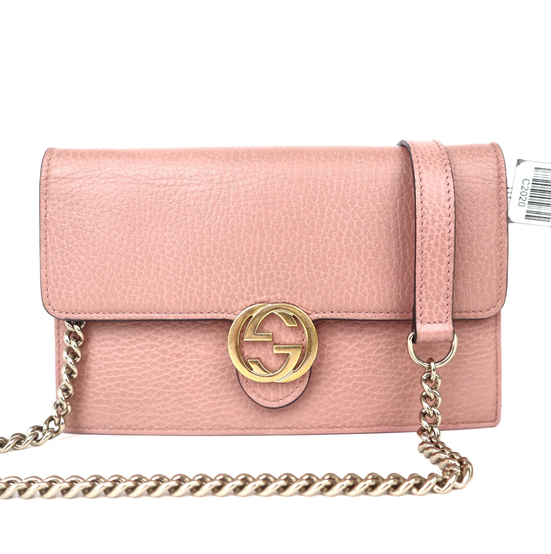 C2020 Gucci Pink Pebbled Leather Interlocking G Wallet on Chain Clutch Bag-Pre Owned