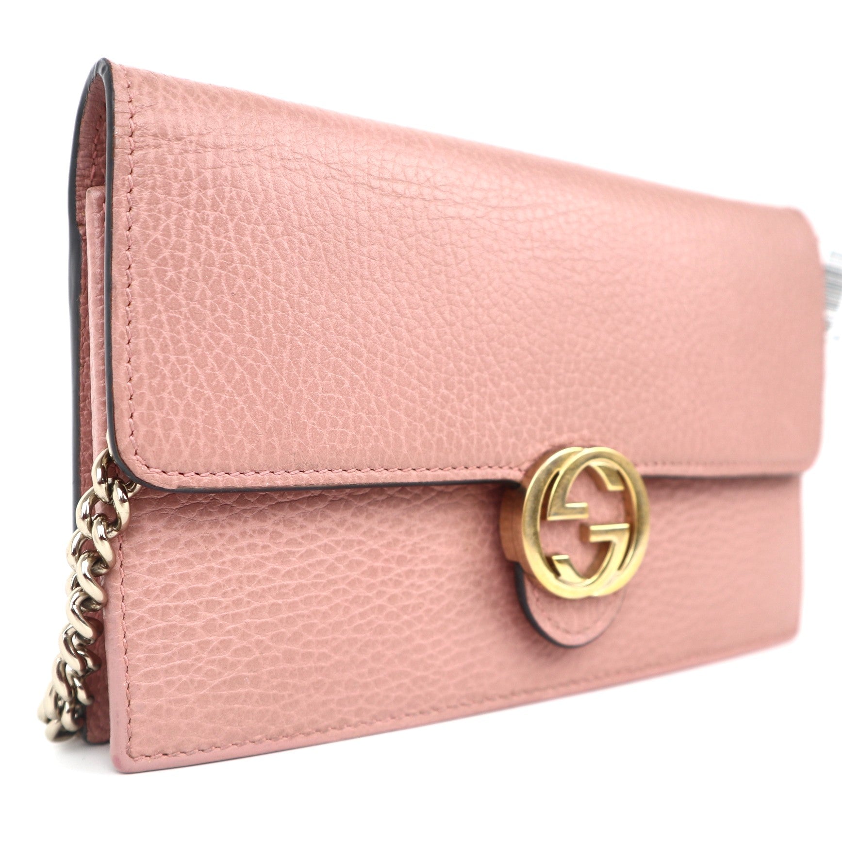 C2020 Gucci Pink Pebbled Leather Interlocking G Wallet on Chain Clutch Bag-Pre Owned