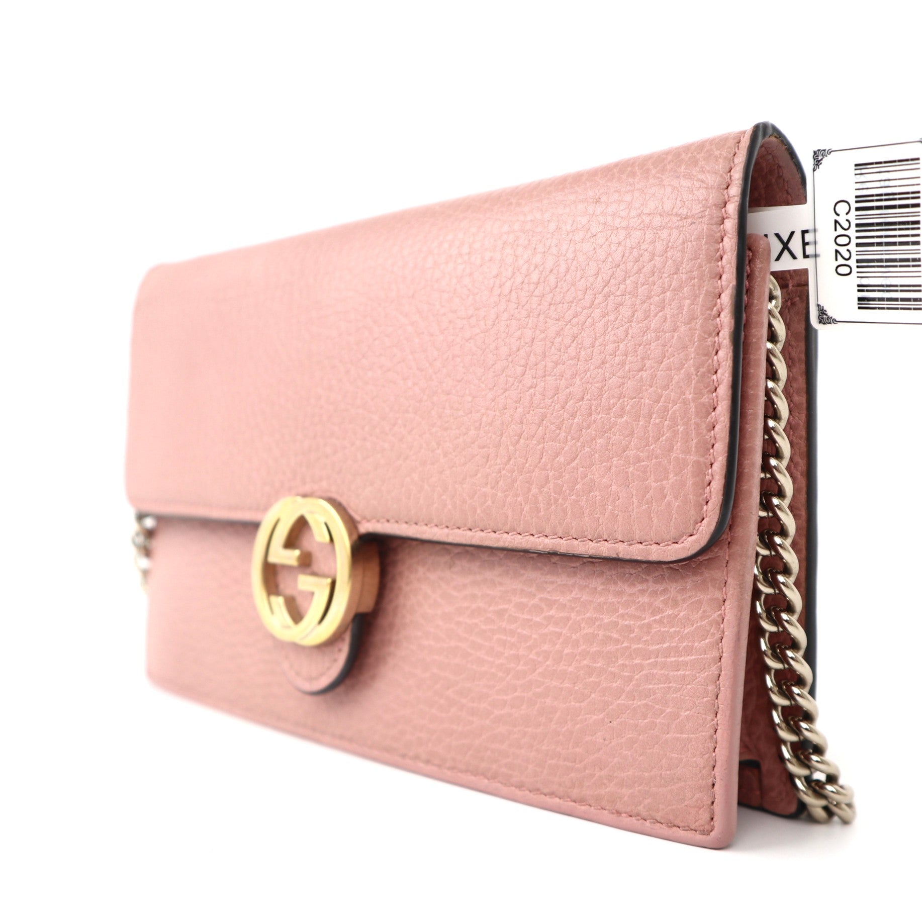 C2020 Gucci Pink Pebbled Leather Interlocking G Wallet on Chain Clutch Bag-Pre Owned