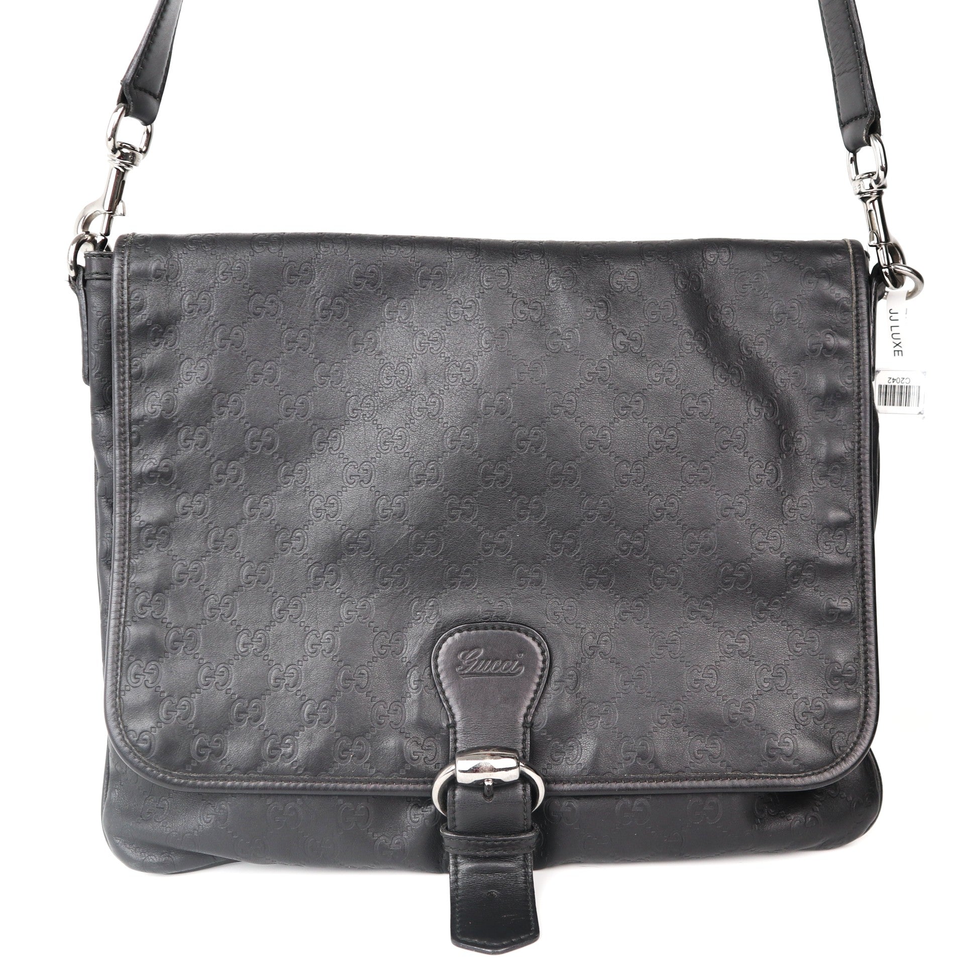 C2042  Gucci Black Monogram Leather Messenger Bag-Pre Owned