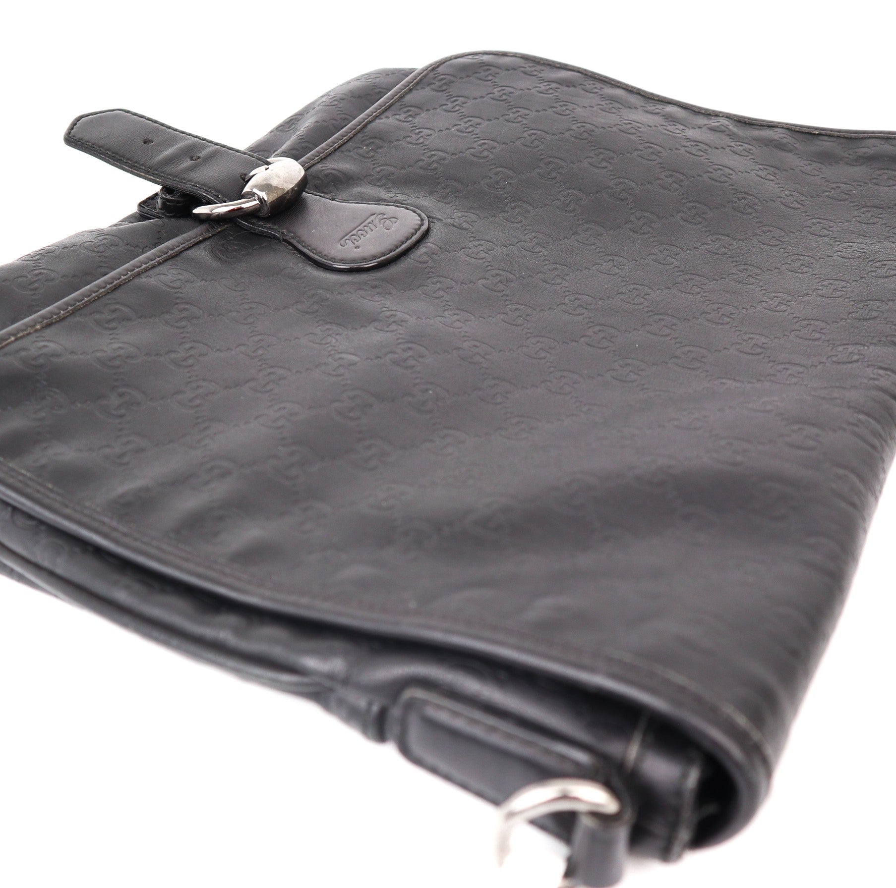 C2042  Gucci Black Monogram Leather Messenger Bag-Pre Owned