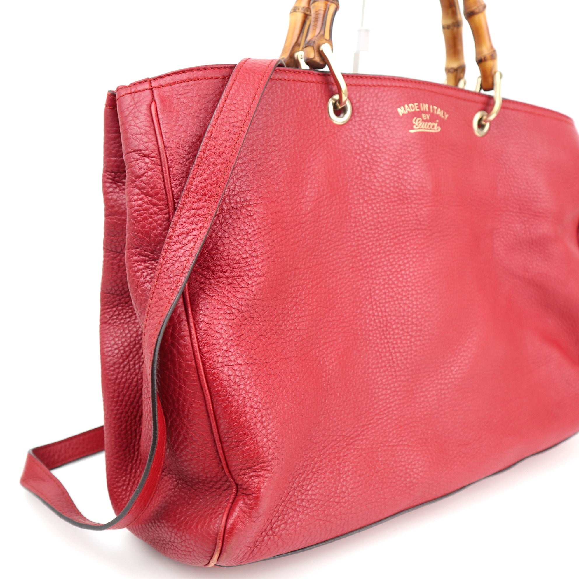 Gucci Pebbled Calfskin Medium Bamboo Shopper Tote Red Top Handle Bag C1577 | Pre-Owned Very Good Brown Pebbled Leather