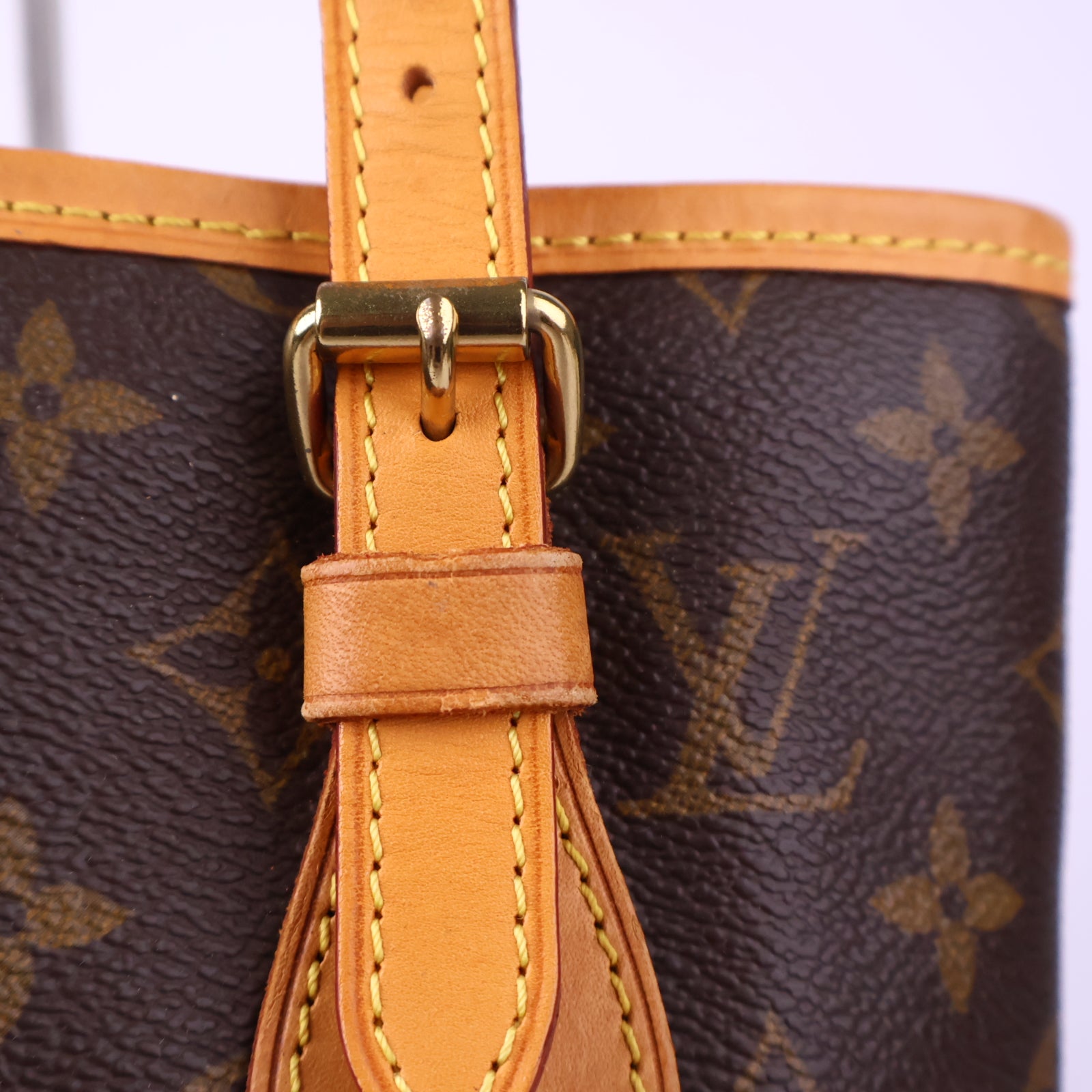 Louis Vuitton Petit Bucket Leather Monogram Bucket Bag J3162R | Pre-Owned Excellent Brown Monogram Canvas, Leather